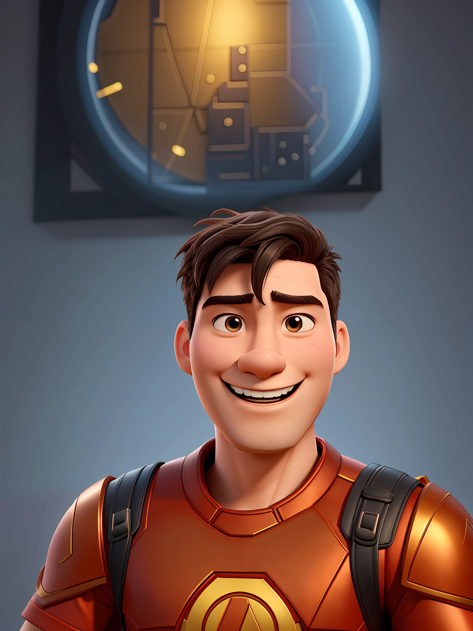 High detail face, Pixar style, cartoon characters, cute 3d rendering, waist length portrait of a 20 year old young Chinese man in Marvel Avengers clothes, smile, Avengers base, natural skin texture, 4k texture, HDR, intricate, very detailed, sharp focus, cinematic look, super detailed, -iw 1.5