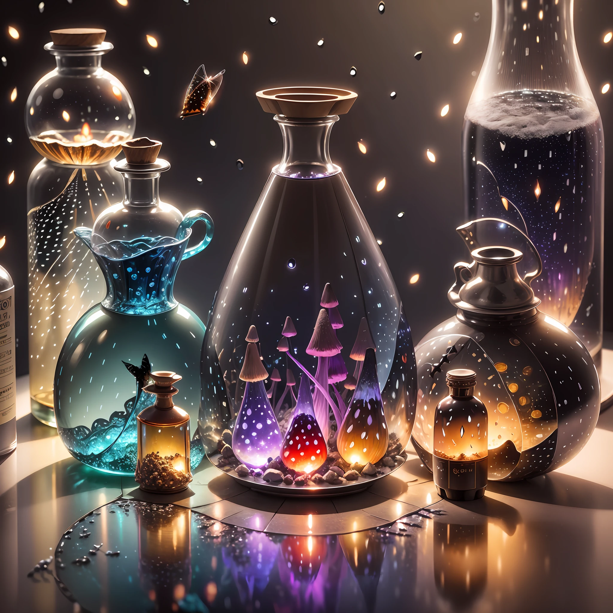 Computer, Extensive landscape ultra photography (general view, which shows a glass glass, a glass bottle, inside the bottle the skeleton of a snake, fly agaric mushrooms), (detailed description of the bottle, mushrooms), glass, (detailed description of the skeleton), inside the glass poison (ultra-detailed burning poison), waves (detailed), butterflies (detailed), night, starry sky, moon, meteors (detailed), sea (detailed), reflection of the moon on the water surface, reflection full of shooting stars in wine, a drop of wine, moths (1:3), fireflies (1:3), (ultra-detailed description of appearance), burning beacon (crystals: 1,2), BREAK production art, (cold light source:1.2), (Firefly:1.2), lilac, purple, fire particles, colors, complex details, volumetric lighting, realistic fantasy BREAK (masterpiece:1.2), (best quality), 4K, ultra-detailed, (dynamic composition: 1.4), high detailed, colorful details, (gloomy colors: 1.2), (luminous lighting, atmospheric lighting), Dark, Dark, Magical, (Solo: 1.2) --auto --s2