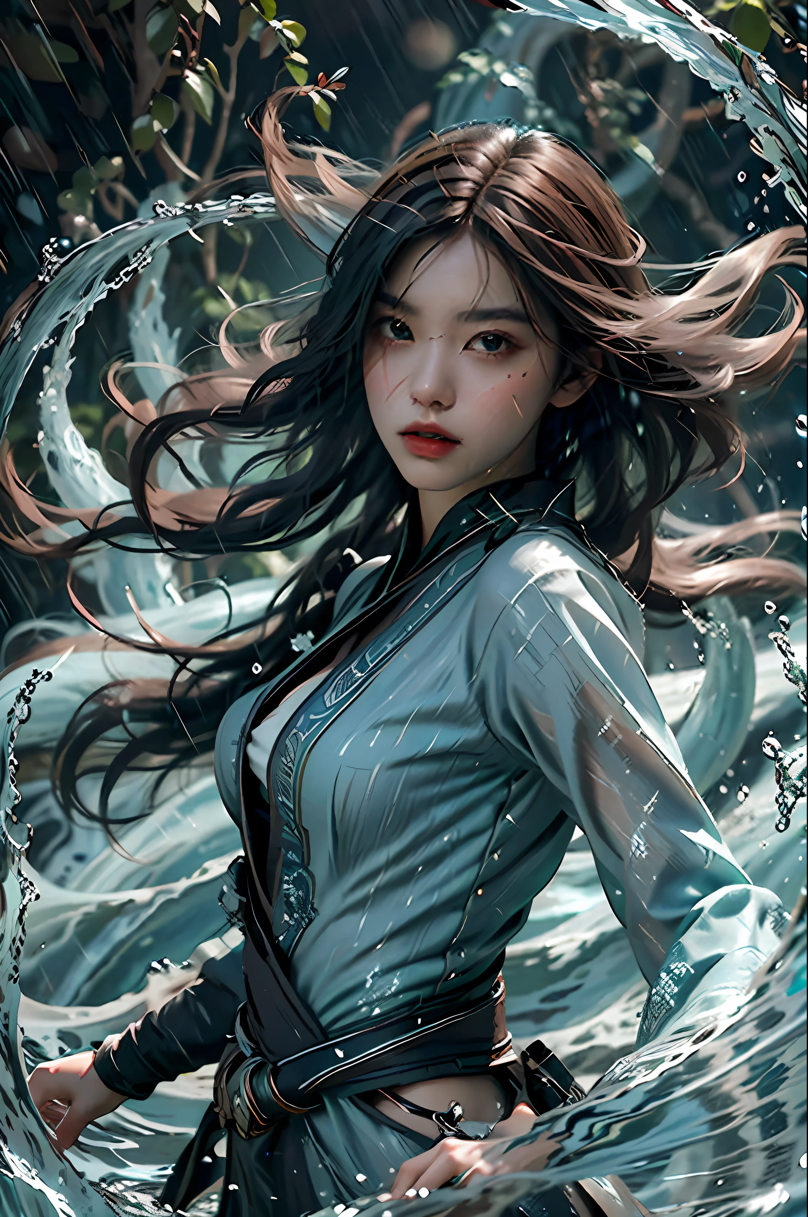 The best picture quality, masterpiece, super high resolution, legendary plot, jade water tree, girl solo, dark green long hair, floating in the sea, water ripples, rain flying, red lips slightly opened, the whole body shines.