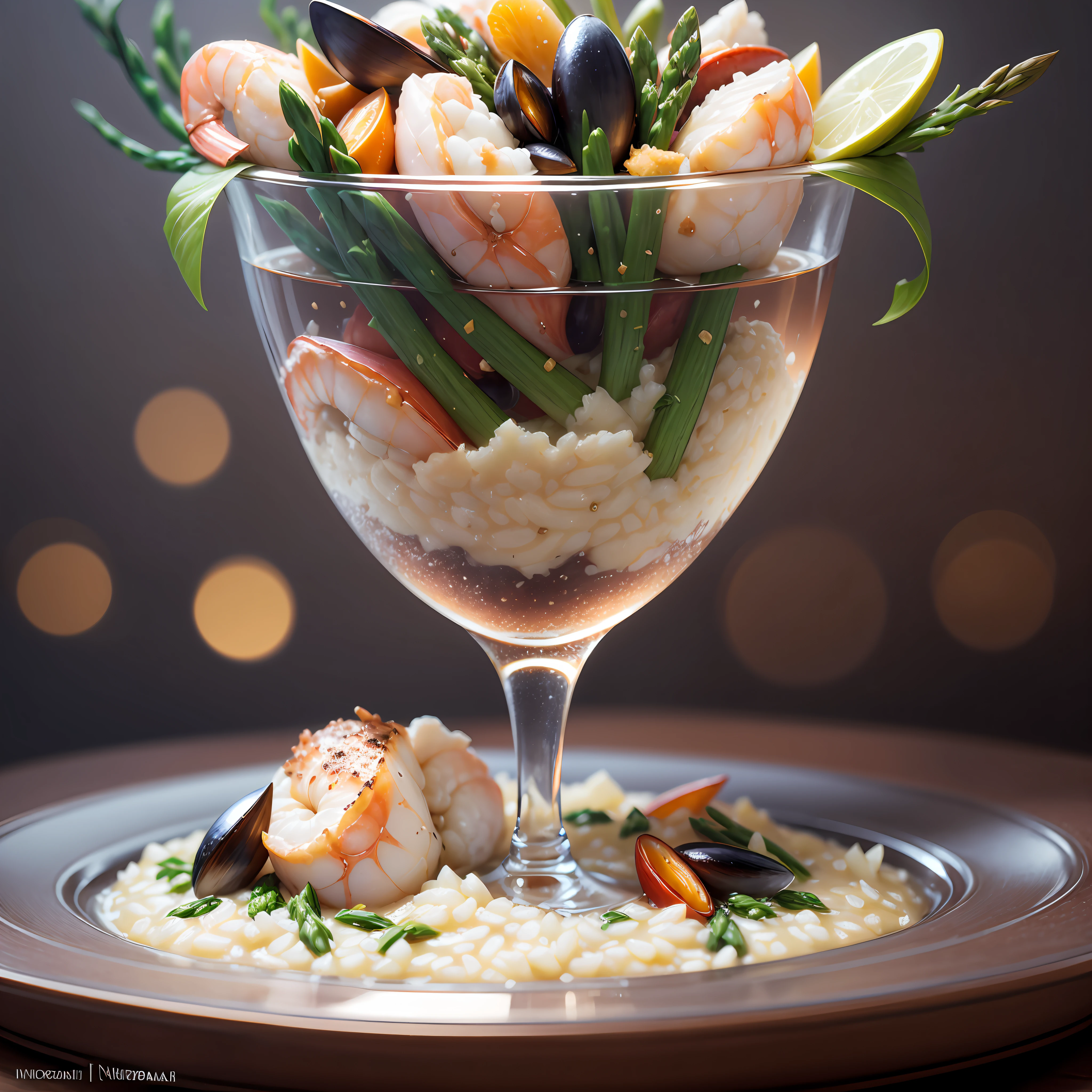 STYLE: close-up shot | GENRE: Gourmet | EMOTION: Tempting | SCENE: a plate of Risotto aux fruits de mer, a Creamy Arborio rice cooked with a variety of seafood, including shrimp, clams, and mussels, finished with Parmesan cheese and served with a side of roasted asparagus| TAGS; High-end food photography, clean composition, dramatic lightning, luxurious, elegant, mouth-watering, indulgent, gourmet | CAMERA: Nikon Z7 | FOCAL LENGTH: 105mm | SHOT TYPE: Close-up | COMPOSITION: Centered | LIGHTING: Soft directional light | PRODUCTION: Food Stylist | TIME: Noon | LOCATION TYPE: Interior --auto --s2