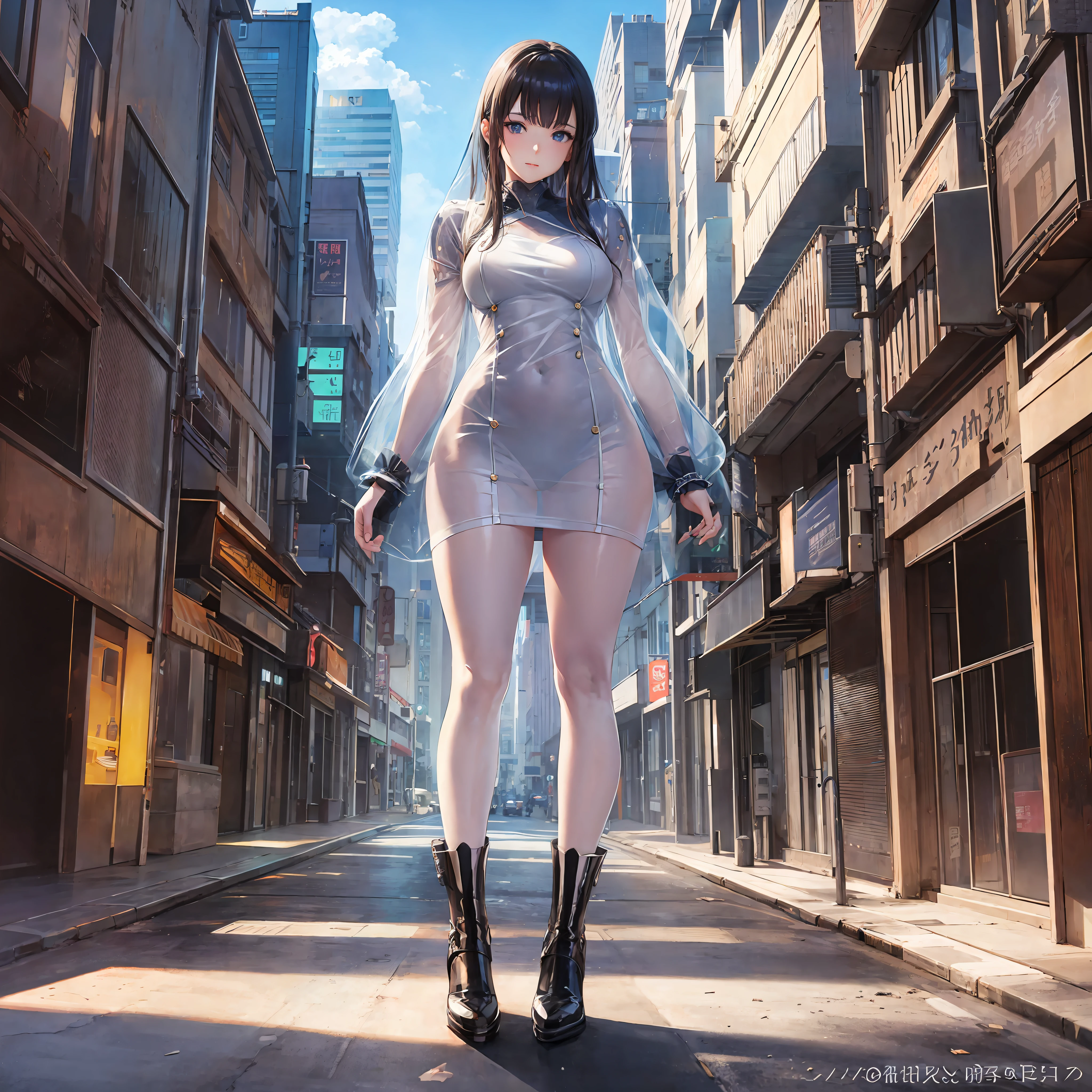 A beautiful anime city woman standing on the street with full transparent clothes, full body standing posture, detailed body part details