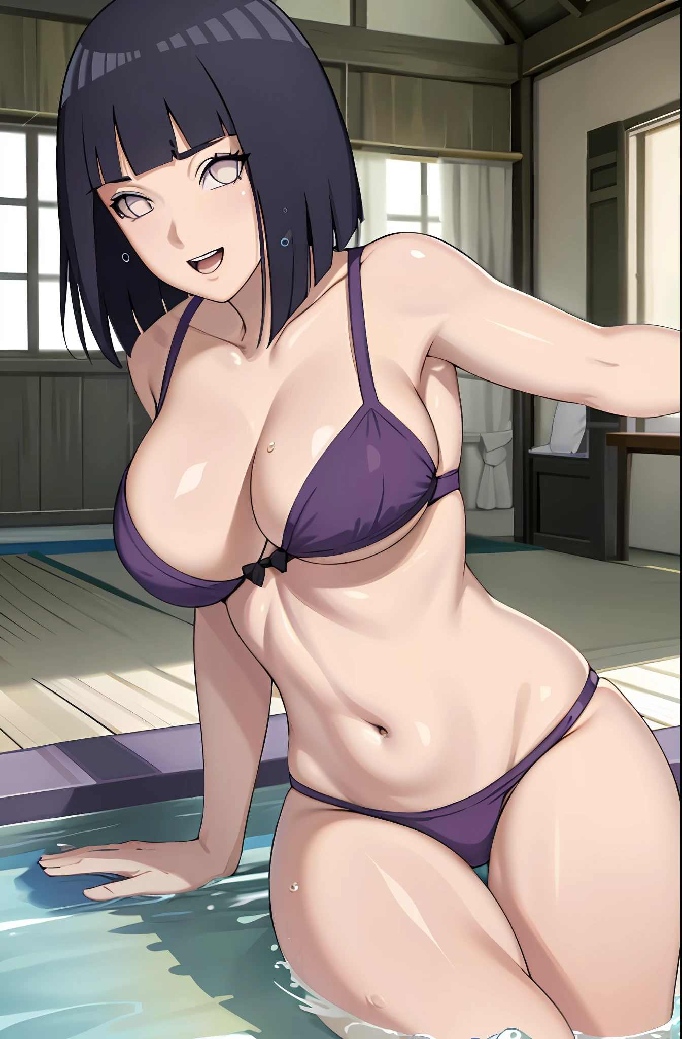 Hinata,1girl,solo, beautiful, thicc thighs, huge breasts, wearing purple gradient babydoll dress, in swimming pool,pure eyes, realistic pupils, highly details eye, perfect anatomy, good anatomy, good composition, armpits, sweating, Mom, milf, thicc thighs, lubricant skin groin area, oily,skin , masterpiece, best quality, highres, aki1, izayoi aki, solo, large breasts, yellow eyes, indoors, bra, thong, (reaching out:1.2), lying, from above, smile, open mouth, bed, hands behind back,god rays, sparkle, glowing light, UHD, retina, masterpiece, ccurate, anatomically correct, textured skin, high details, super detail, high quality, best quality, 16k, highres, lust,