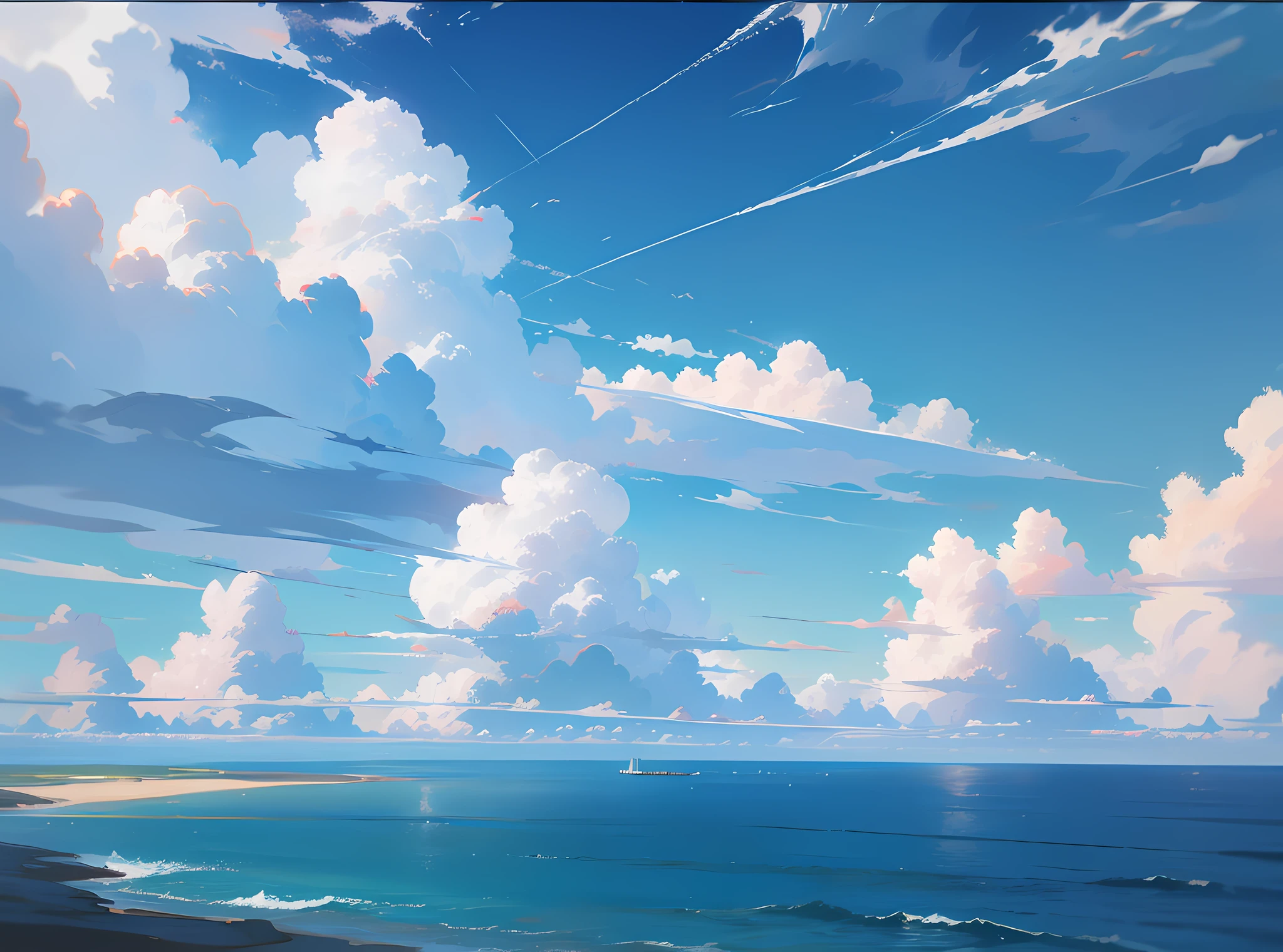 Exquisite view, sky, white clouds, fantasy, breathtaking, 8K, summer, sea, view