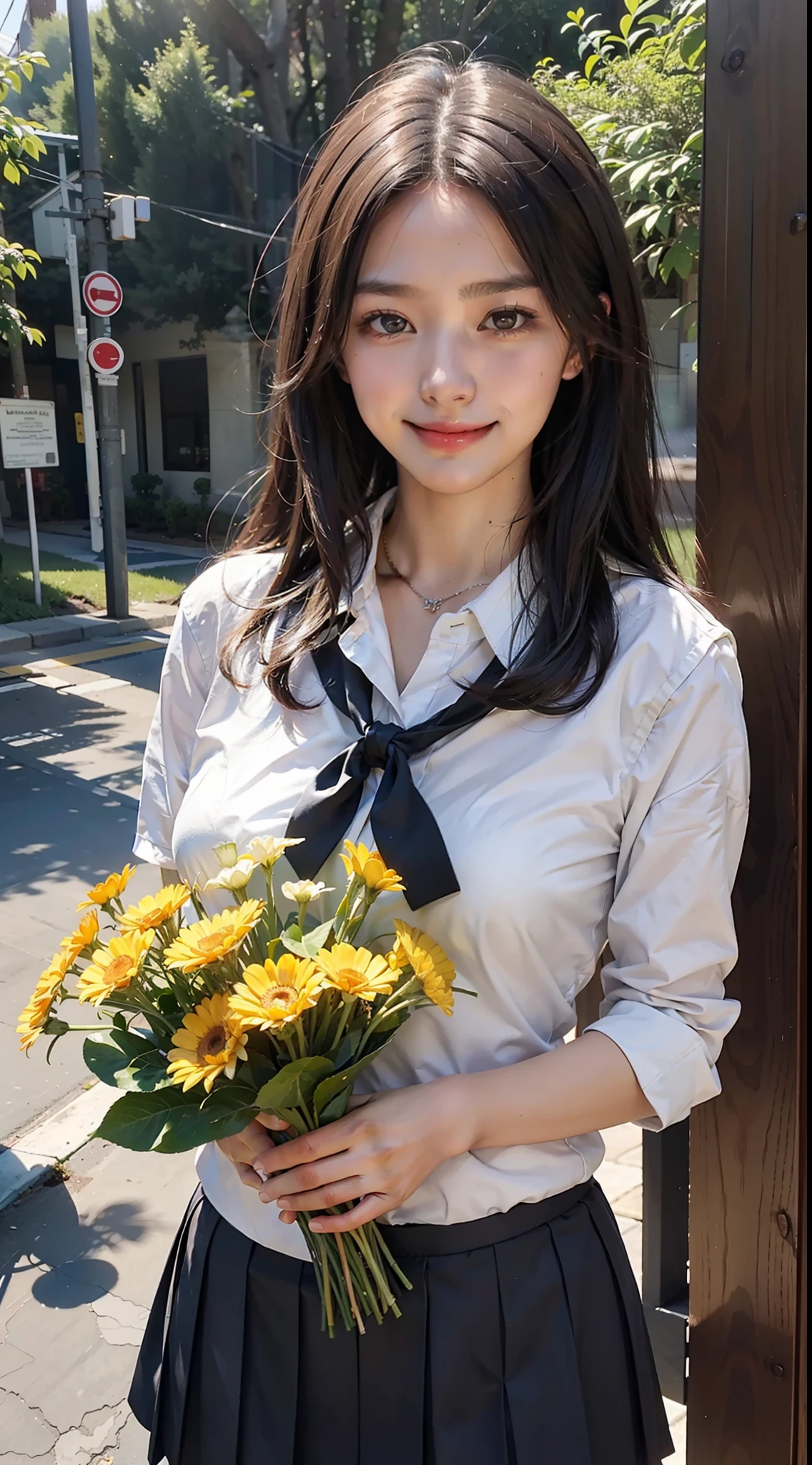 Masterpiece, beautiful girl smiling holding flowers, medium breasts, wearing school clothes