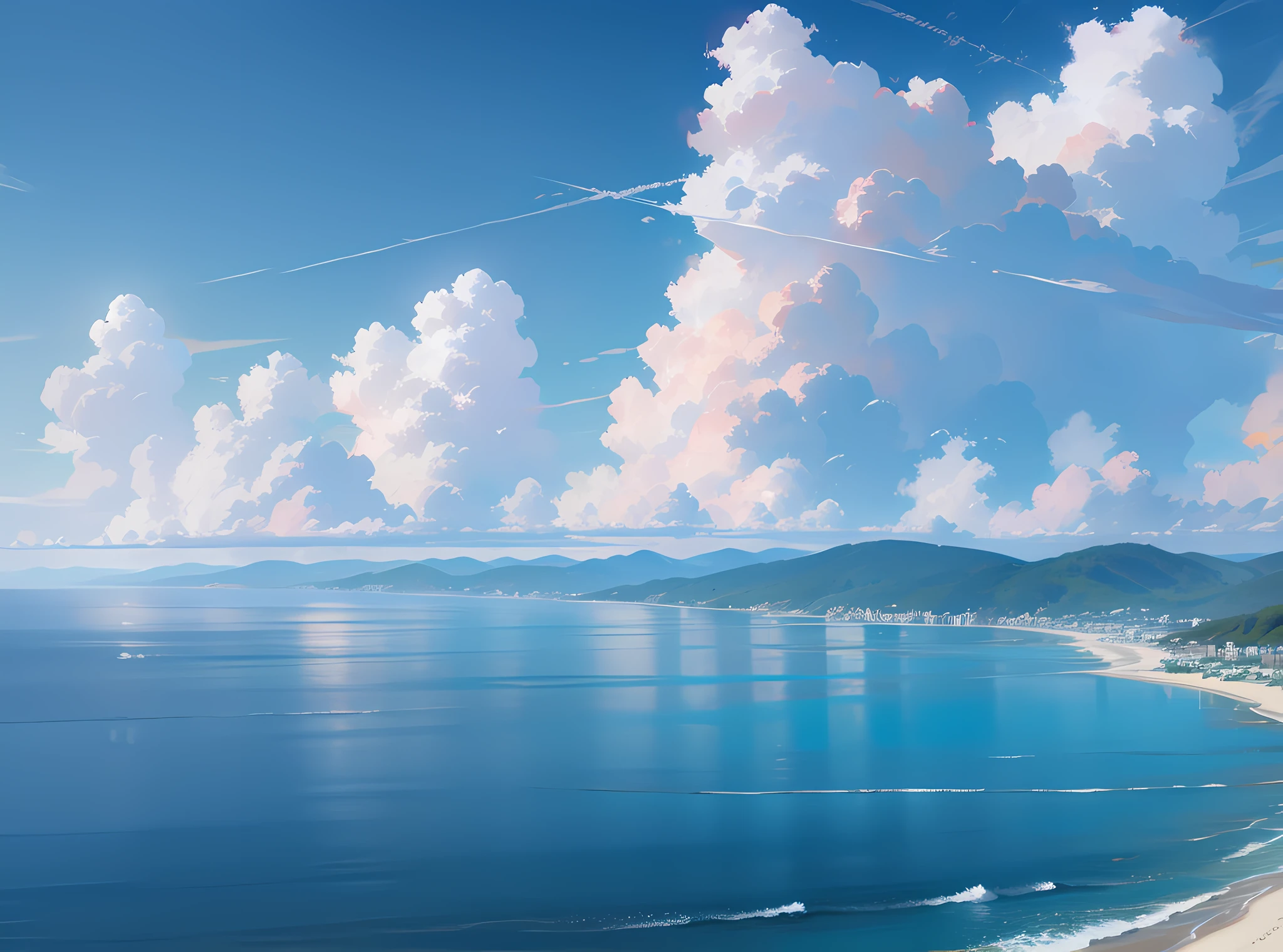 Exquisite view, sky, white clouds, fantasy, breathtaking, 8K, summer, sea, view