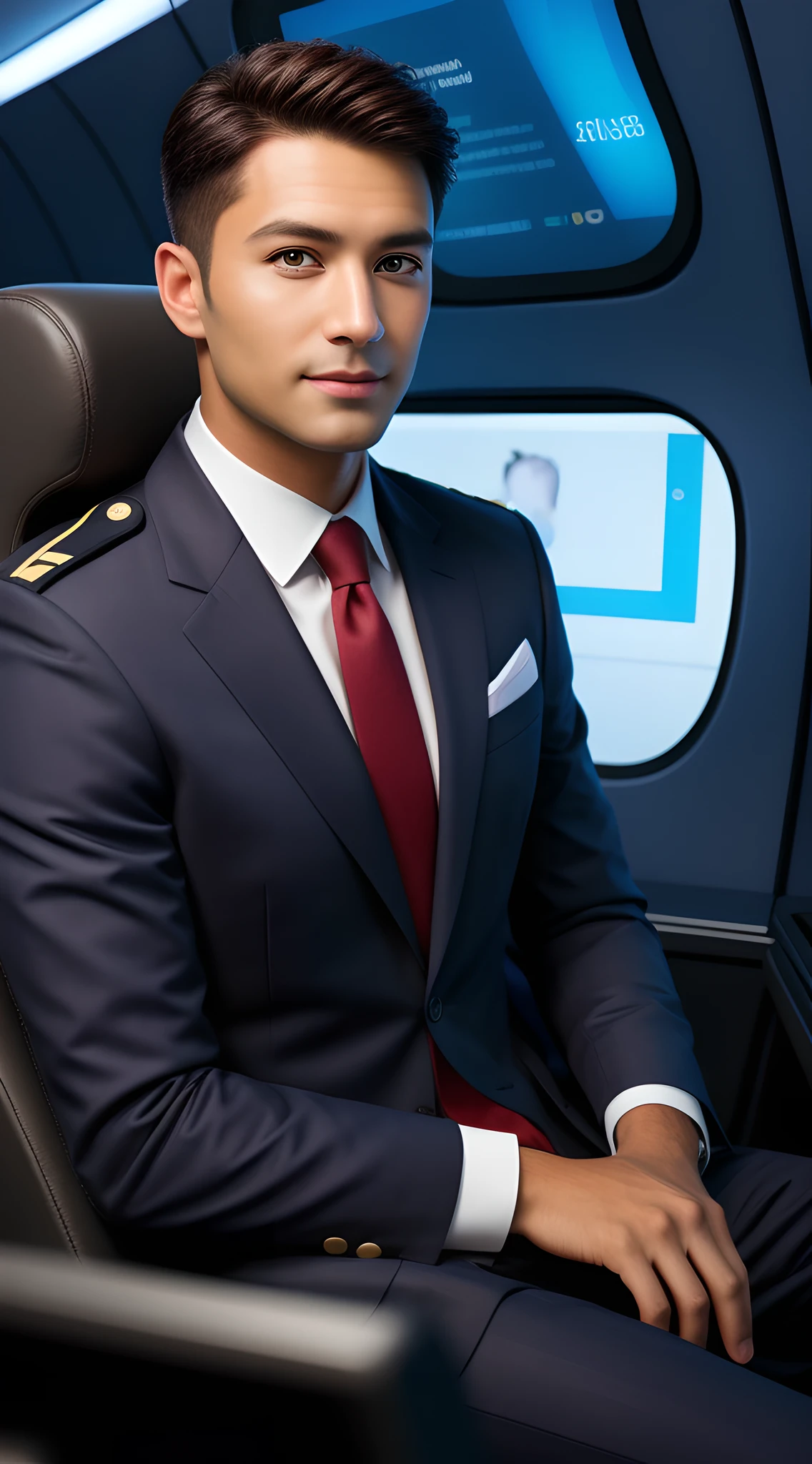 (man), handsome male CA, flight attendant, black uniform, tanned, muscular, full-body, alone, (high detail: 1 of 1), natural skin, high quality, nsfw, beautiful eyes, (face: 1 2), noise, real photo, psd, sharp focus, high resolution 8k, realistic, professional photography, 8k uhd, soft lighting, high quality, film grain, fujifilm xt3