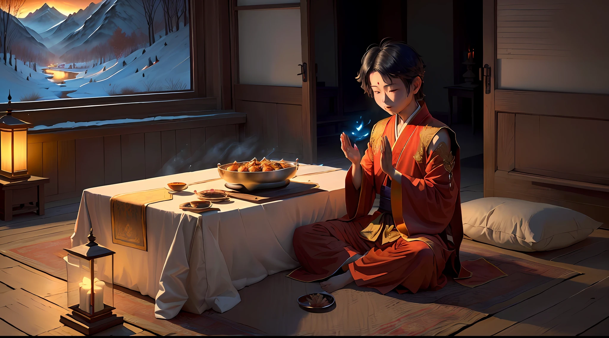 Masterpiece, best quality, (very detailed CG Unity 8k wallpaper), (best quality), (best illustration), (best shadow), absurd, realistic lighting, "night magpie mountain, west window provocation, look at thousands of households, bright lights, shadows only, boys mumble with loneliness, what is love, tossing and turning, fixed love, ten years overdue, can't find, lovesickness for whom, boys wear Buddhist clothes, have eaten fasting prayers, donors are safe and sound without crying, boys return to Buddha's heart, six desires are pure, autumn breeze is desolate, The grass and trees are merciless, the night is quiet, the west window is provocative, look at ten thousand homes, The lights are bright, the shadow is only, the boy mutters with loneliness, why love, tossing and turning, fixed love, ten years overdue, can't find, who is lovesickness, the boy wears Buddhist clothes, eats fasting and recite Buddhist scriptures, the donor is safe and sound, does not cry, I return to the heart of the Buddha, The six desires are pure, the autumn breeze is desolate, the grass and trees are merciless, the Buddha said, let go of love and hate, see through the red dust, the seven emotions and six desires no longer mess with my heart, fate is over, I left the family, compassion left a few points, I ask the female benefactor you to go slowly, I put on the Buddhist robes, eat fast and chant the Buddhist scriptures, the alms are safe and sound and do not cry, I return to the Buddha's heart, the six desires are pure, the autumn breeze is desolate, the grass and trees are merciless, I put on the Buddhist clothes, Eat fasting and chanting, the donor is safe and sound without crying, I return to the Buddha's heart, the six desires are pure, the autumn breeze is desolate, the grass and trees are merciless", the art of Peter Morbach,