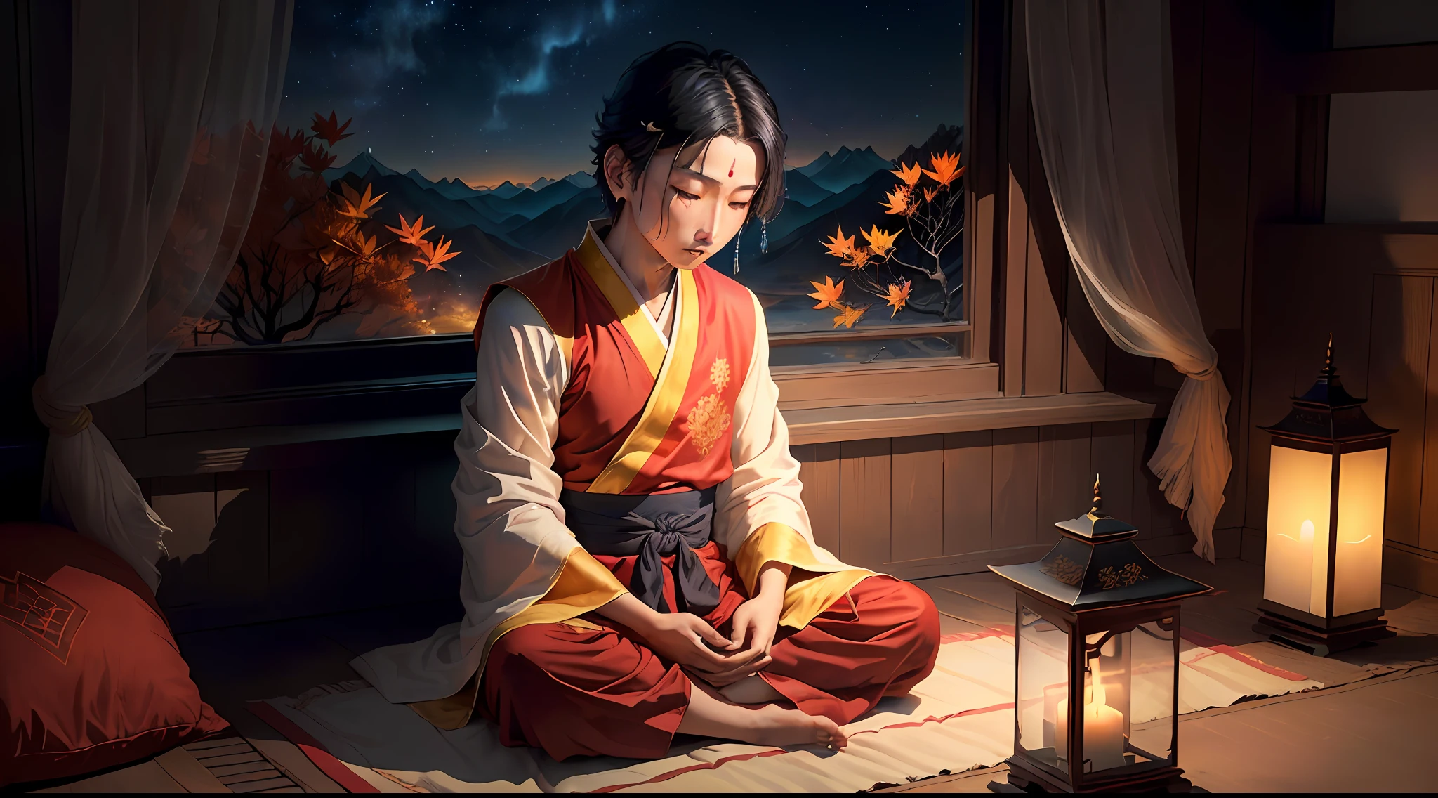 Masterpiece, best quality, (very detailed CG Unity 8k wallpaper), (best quality), (best illustration), (best shadow), absurd, realistic lighting, "night magpie mountain, west window provocation, look at thousands of households, bright lights, shadows only, boys mumble with loneliness, what is love, tossing and turning, fixed love, ten years overdue, can't find, lovesickness for whom, boys wear Buddhist clothes, have eaten fasting prayers, donors are safe and sound without crying, boys return to Buddha's heart, six desires are pure, autumn breeze is desolate, The grass and trees are merciless, the night is quiet, the west window is provocative, look at ten thousand homes, The lights are bright, the shadow is only, the boy mutters with loneliness, why love, tossing and turning, fixed love, ten years overdue, can't find, who is lovesickness, the boy wears Buddhist clothes, eats fasting and recite Buddhist scriptures, the donor is safe and sound, does not cry, I return to the heart of the Buddha, The six desires are pure, the autumn breeze is desolate, the grass and trees are merciless, the Buddha said, let go of love and hate, see through the red dust, the seven emotions and six desires no longer mess with my heart, fate is over, I left the family, compassion left a few points, I ask the female benefactor you to go slowly, I put on the Buddhist robes, eat fast and chant the Buddhist scriptures, the alms are safe and sound and do not cry, I return to the Buddha's heart, the six desires are pure, the autumn breeze is desolate, the grass and trees are merciless, I put on the Buddhist clothes, Eat fasting and chanting, the donor is safe and sound without crying, I return to the Buddha's heart, the six desires are pure, the autumn breeze is desolate, the grass and trees are merciless", the art of Peter Morbach,