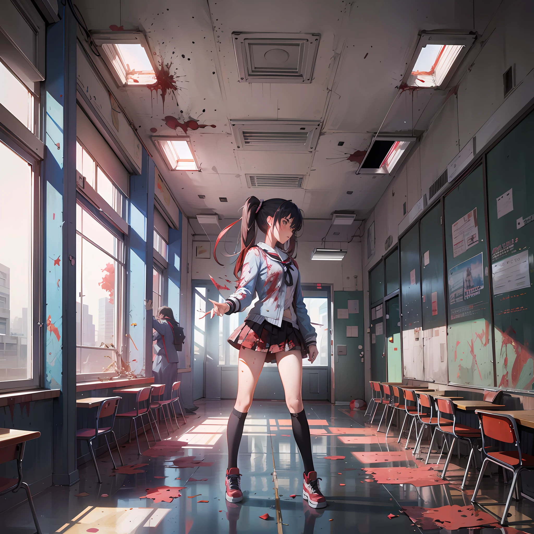 there is a woman in a school hallway with blood all over the floor, badass anime 8 k, a hyperrealistic schoolgirl, hyperrealistic schoolgirl, anime styled digital art, cinematic photograph concept art, anime style mixed with fujifilm, cinematic. by leng jun, school girl, beautiful anime high school girl, rings asuka iwakura station game, photorealistic anime