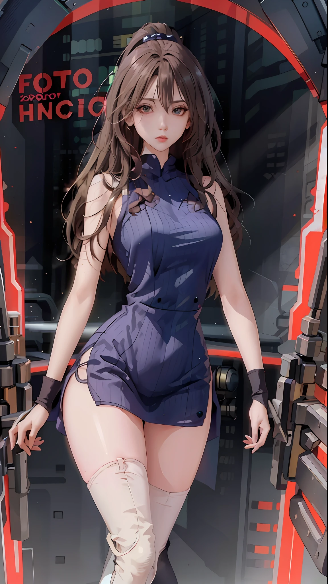Woman body definition cybernetic body parts, thin waist, wide hips, stockings, long skirt, mechanical, mechanical