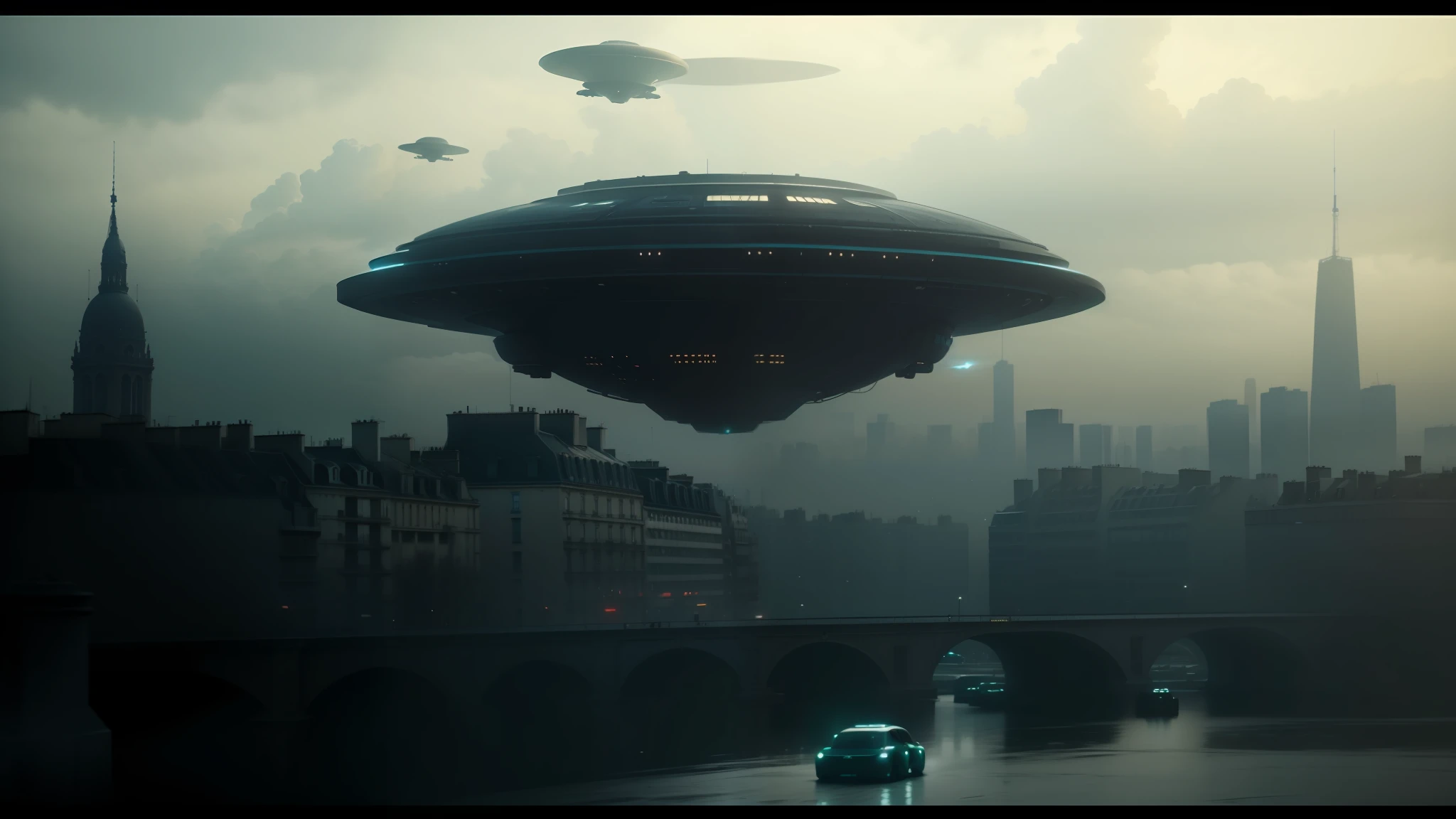 there is a large flying object in the sky over a city, cinematic matte illustration, inspired by Didier Mouron, abduction, unsaturated and dark atmosphere, still from a music video, ufo flying over paris, teal color graded, by François Boquet, by Matteo Pérez, anamorphic illustration, alien abduction, photoshop render, of a family leaving a spaceship