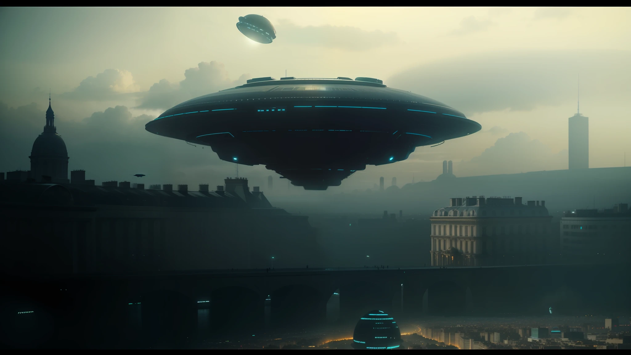 there is a large flying object in the sky over a city, cinematic matte illustration, inspired by Didier Mouron, abduction, unsaturated and dark atmosphere, still from a music video, ufo flying over paris, teal color graded, by François Boquet, by Matteo Pérez, anamorphic illustration, alien abduction, photoshop render, of a family leaving a spaceship