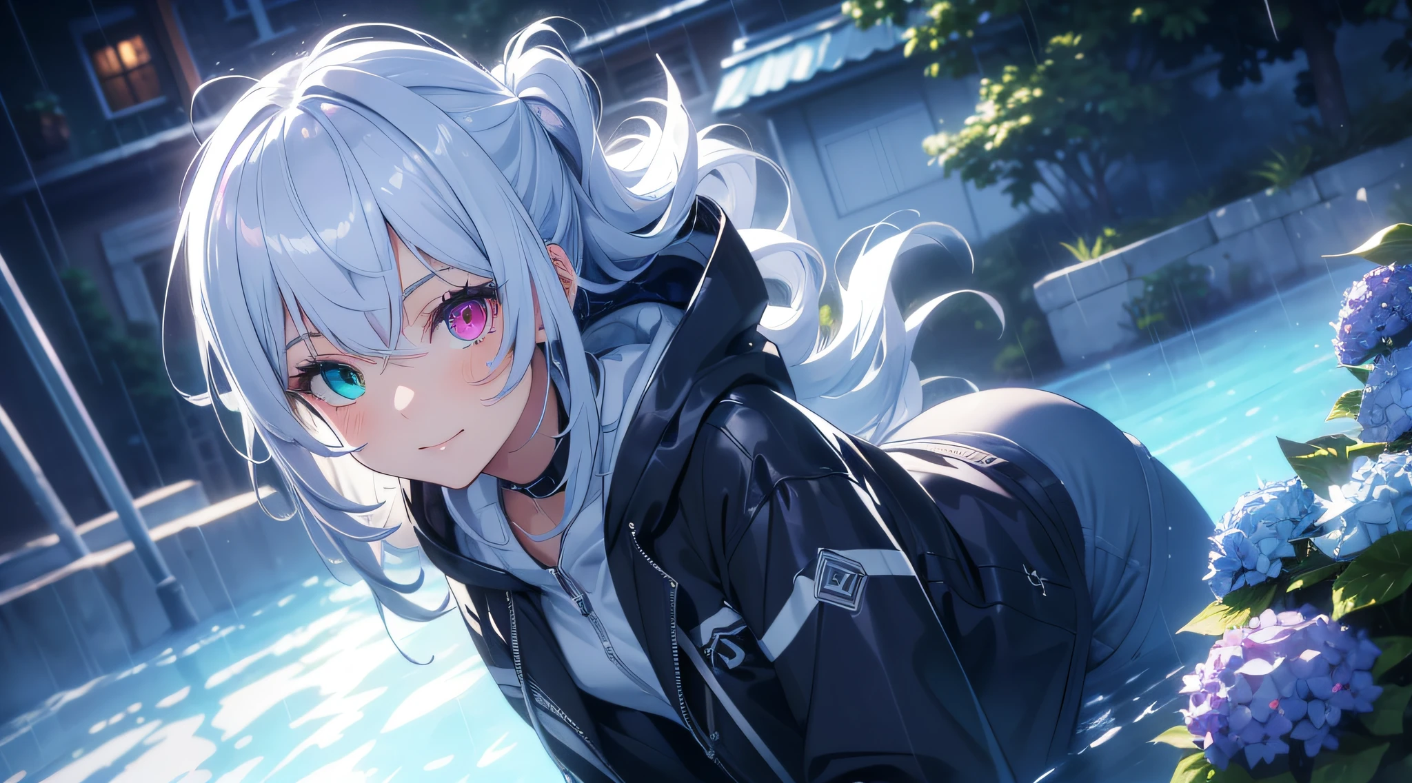 masterpiece, best quality, photorealistic, ultra-detailed, delicate, methodical, high detail, (cute), beautiful, majestic, shiny, shiny skin, thick contours, bluish silver ponytail, (drooping heterochromia iris:1.3), ,15 yea with a gentle smile, shy girl, slender, (bioluminescent hair: 1.2), (glowing eyes), ambient occlusion, ambient light, ray-traced reflections, shine, glowing aura, glowing hair, Game CG, Dynamic Angle, Dutch Angle, Cowboy Shot, Blurred Background, hydrangea, rain, (raincoat: 1.2), (casual clothes), (wearing a hood:1.2),wet,