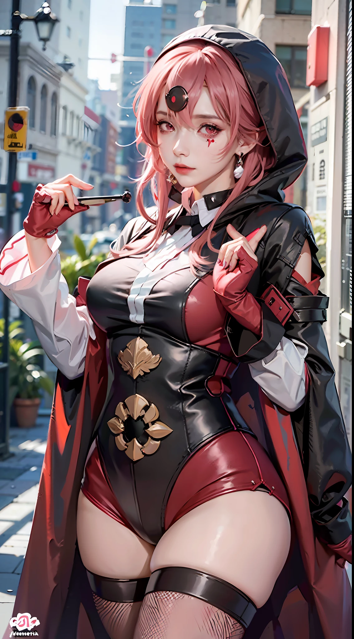 Beautiful woman, 1 girl, woman with pink hair and brown-red cape, pose, ((red eye patch)), black pantyhose, black gloves, split sleeves, jewelry, [ilipstick] J. thighs. Pink hair, drills, asymmetrical hair, brown hood