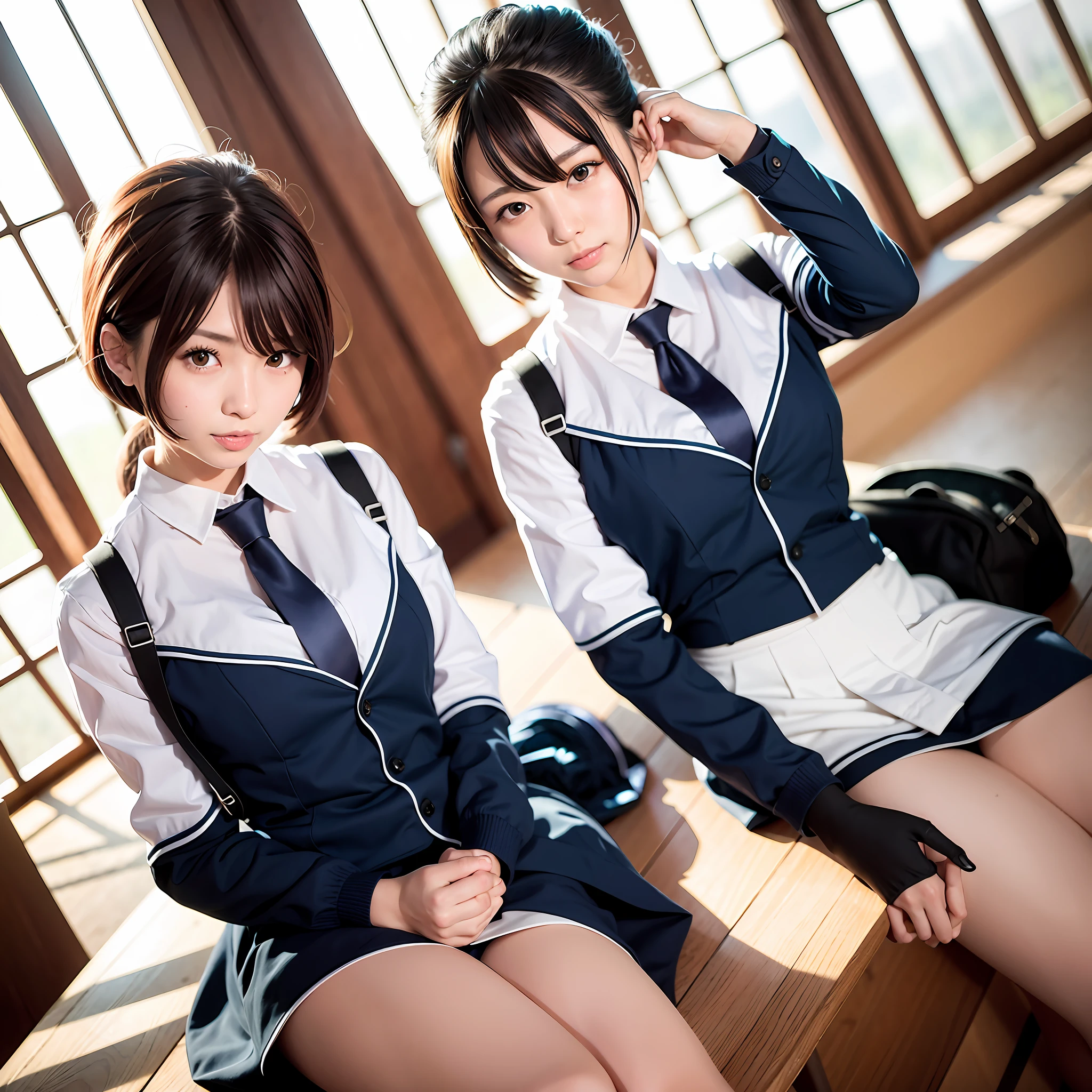 They are two Asian women in uniform posing for photos, two Japan schoolgirls posing, Japan school uniforms in Japan school uniforms, shot with Canon 5D MK4, realistic young gravure idols, young gravure idols, two girls, young cute gravure idols, two beautiful anime girls, shot in Canon EOS 5 d Mark IV, wearing uniforms, five fingers , perfect fingers,