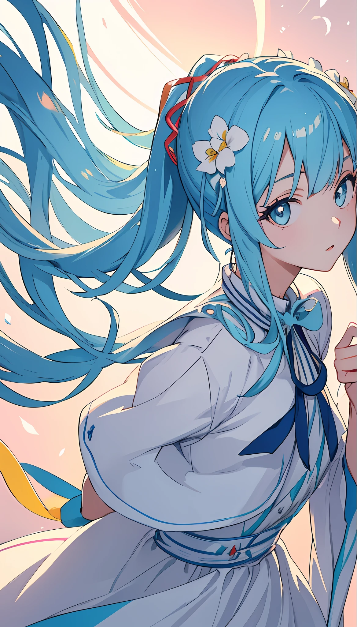 (masterpiece), (best quality), (ultra detailed),(disheveled hair),(illustration), (1girl), (Fashionable clothing), standing, Fashion model, looking at viewer, (interview), (simple background),beautiful detailed eyes, delicate beautiful face, Floating,(high saturation),(colorful splashes),colorful bubble,(shining), focus on face, ponytail, kamisato ayaka, light blue hair, bangs, hair ring, floating flowers, floating hairs, (shining), best lighting, best shadow,