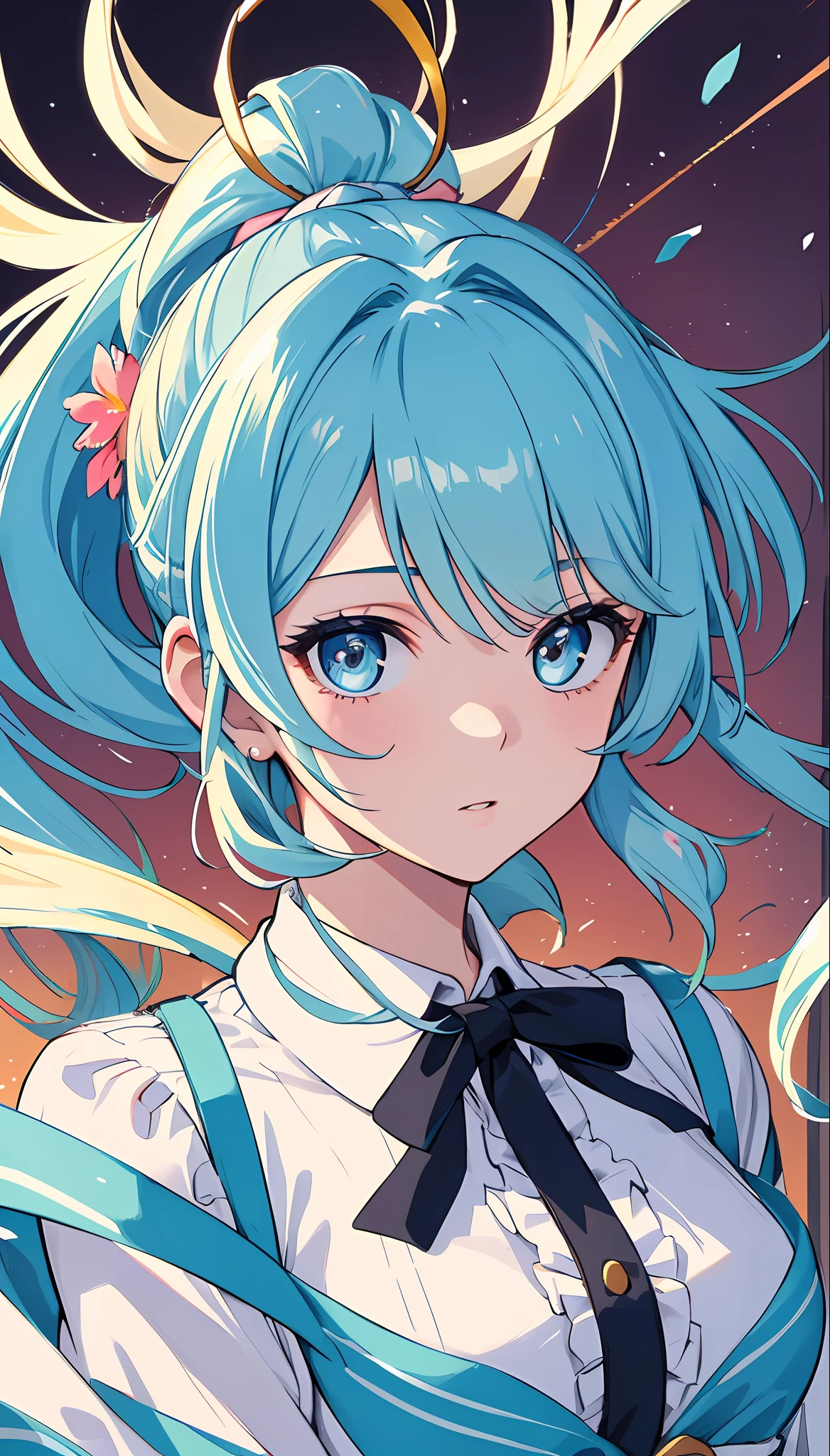 (masterpiece), (best quality), (ultra detailed),(disheveled hair),(illustration), (1girl), (Fashionable clothing), standing, Fashion model, looking at viewer, (interview), (simple background),beautiful detailed eyes, delicate beautiful face, Floating,(high saturation),(colorful splashes),colorful bubble,(shining), focus on face, ponytail, kamisato ayaka, light blue hair, bangs, hair ring, floating flowers, floating hairs, (shining), best lighting, best shadow,