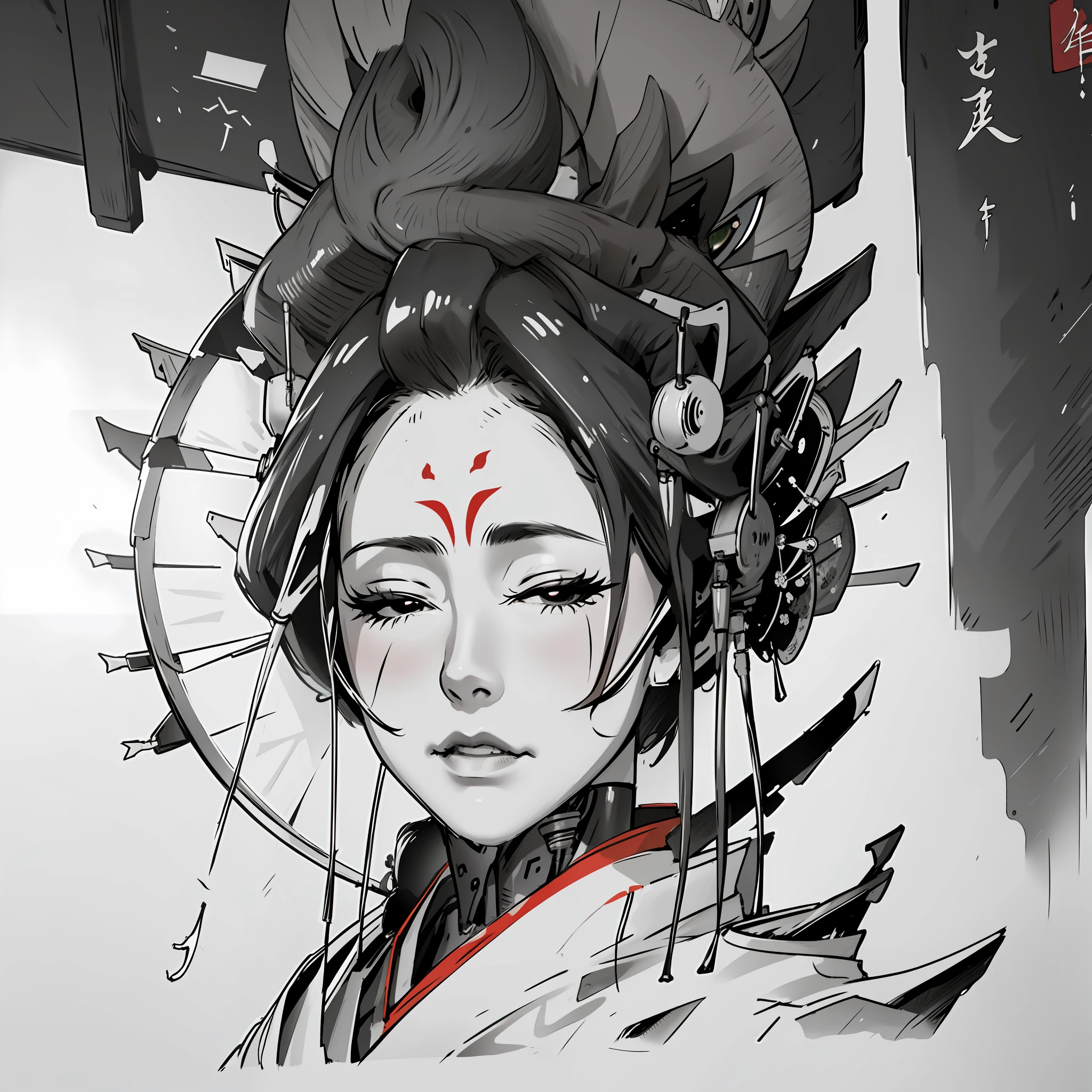 Closeup on face ,masterpiece, best quality, ultra-detailed,((geisha)) ,cybernetica,cybernetic parts,line art