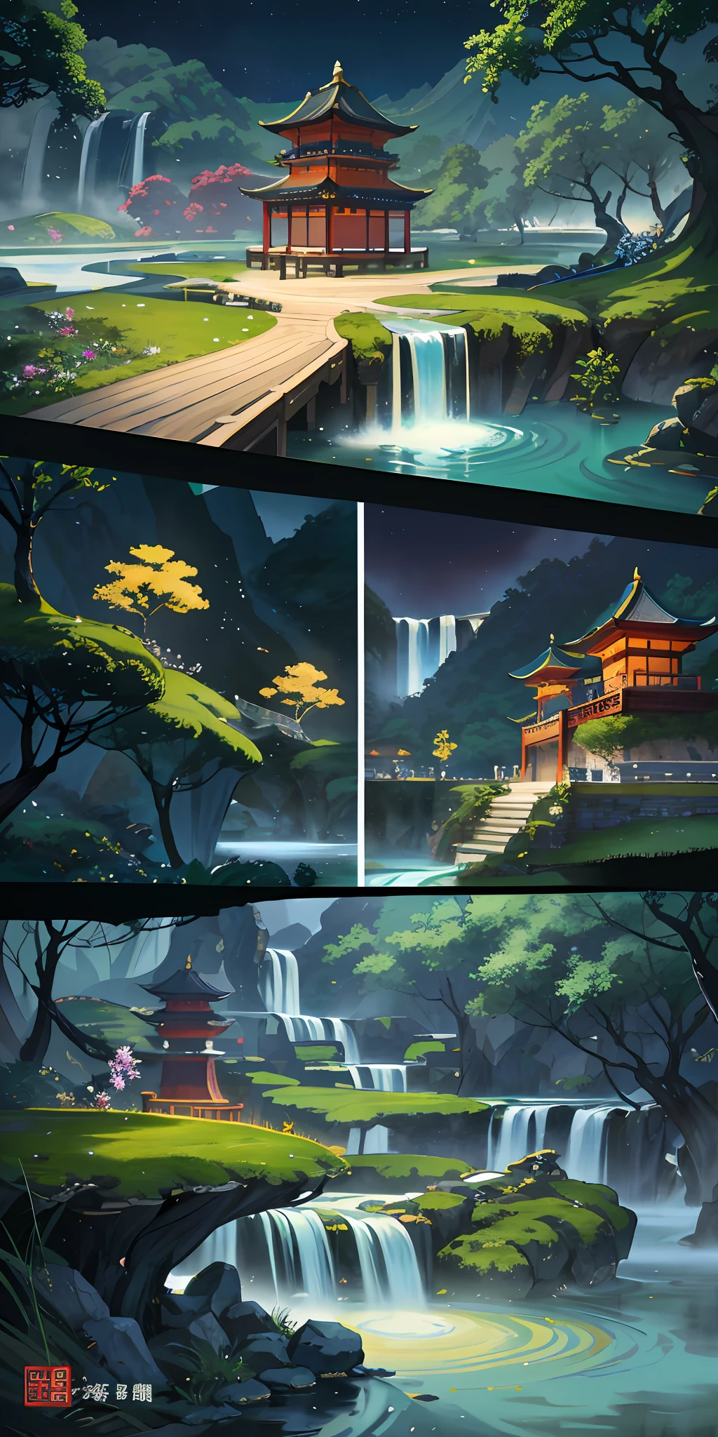Chinese Painting Illustration 1.0 style, the best quality and the most exquisite picture quality 8K-CG, presenting Chinese style, floating islands, waterfalls, moon, flowing water, green mountains, night scenes, ancient pavilions, lotus pond moonlight and forest details are brought to life, presented with epic composition and dynamic lighting.