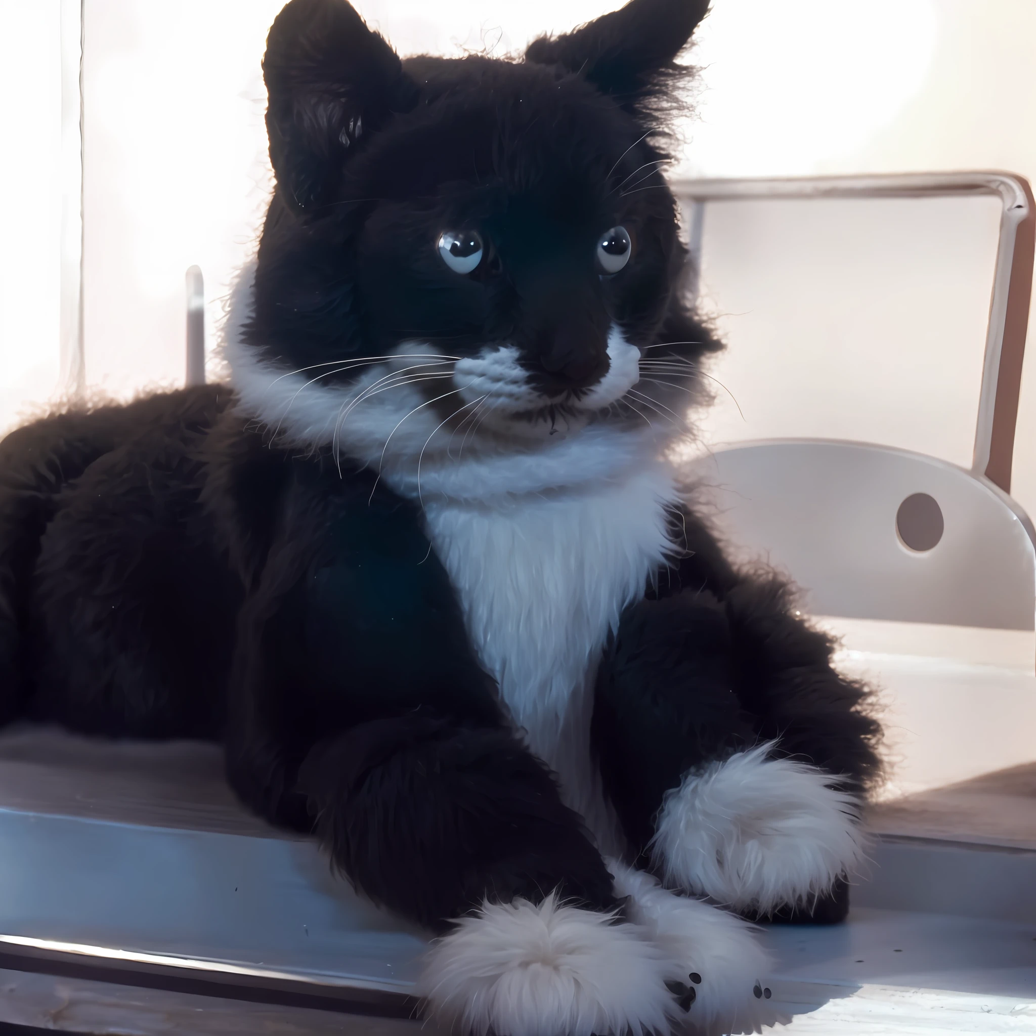 Black and white muppet doll cat sitting at a table, very cute, black and white cat, furry, looking at the camera, stuffed animal style