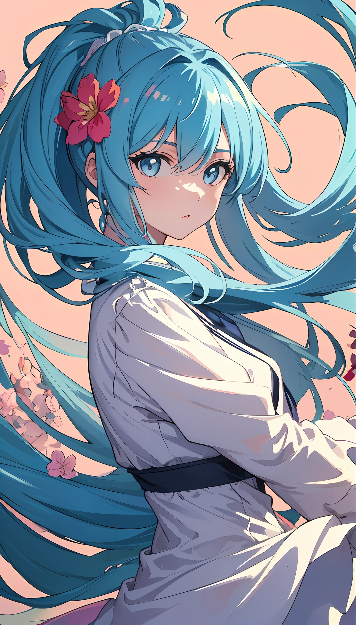 (masterpiece), (best quality), (ultra detailed),(disheveled hair),(illustration), (1girl), (Fashionable clothing), standing, Fashion model, looking at viewer, (interview), (simple background),beautiful detailed eyes, delicate beautiful face, Floating,(high saturation),(colorful splashes),colorful bubble,(shining), focus on face, ponytail, kamisato ayaka, light blue hair, bangs, hair ring, floating flowers, floating hairs, (shining), best lighting, best shadow,
