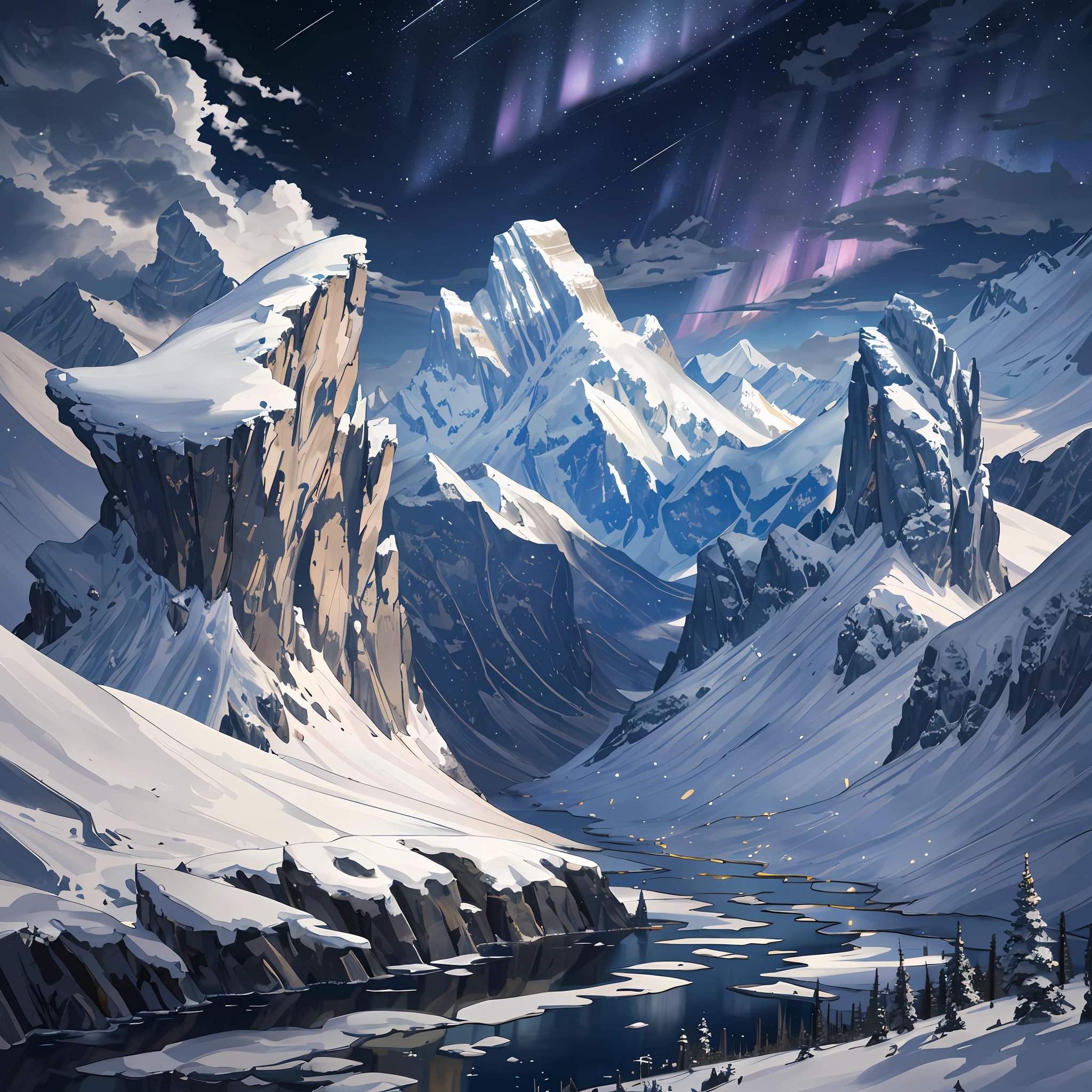 Nighttime, the full moon and bright stars fill the sky, Rocky Mountains thrust upwards, small patches of snow, delicate wildflowers bloom in the foreground, a river weaves it’s way through the lowlands, the aurora drops curtains of light over the landscape (1.2),, epic composition, realistic lighting, high-definition detail, masterpiece, best quality, (very detailed CG unified 8k wallpaper), (best quality)
