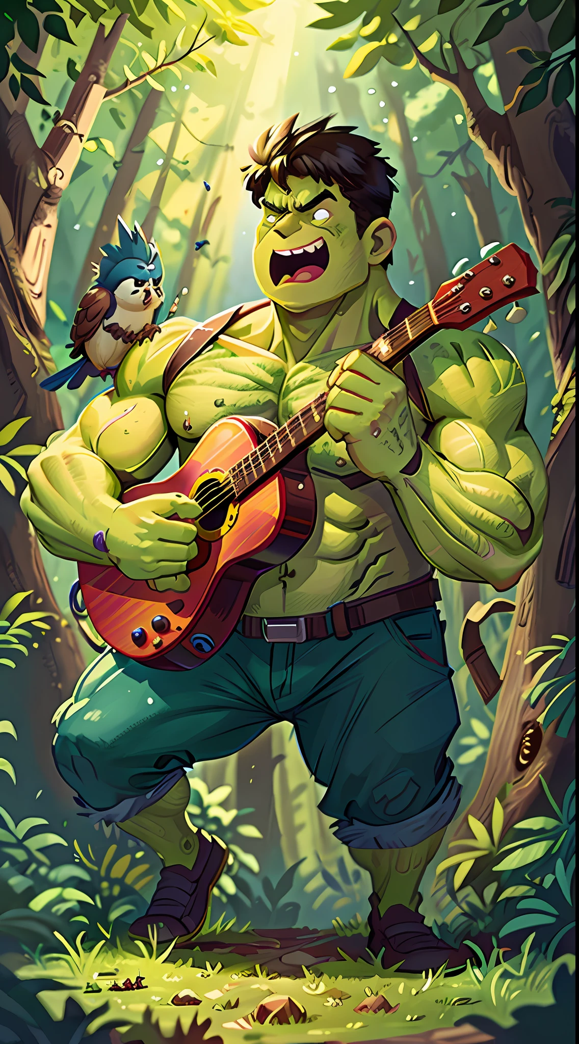 happy Hulk(Marvel Superhero) playing acoustic guitar in the forest, birds on the sky, masterpiece, best quality, green skin, detailed skin , super details, full body