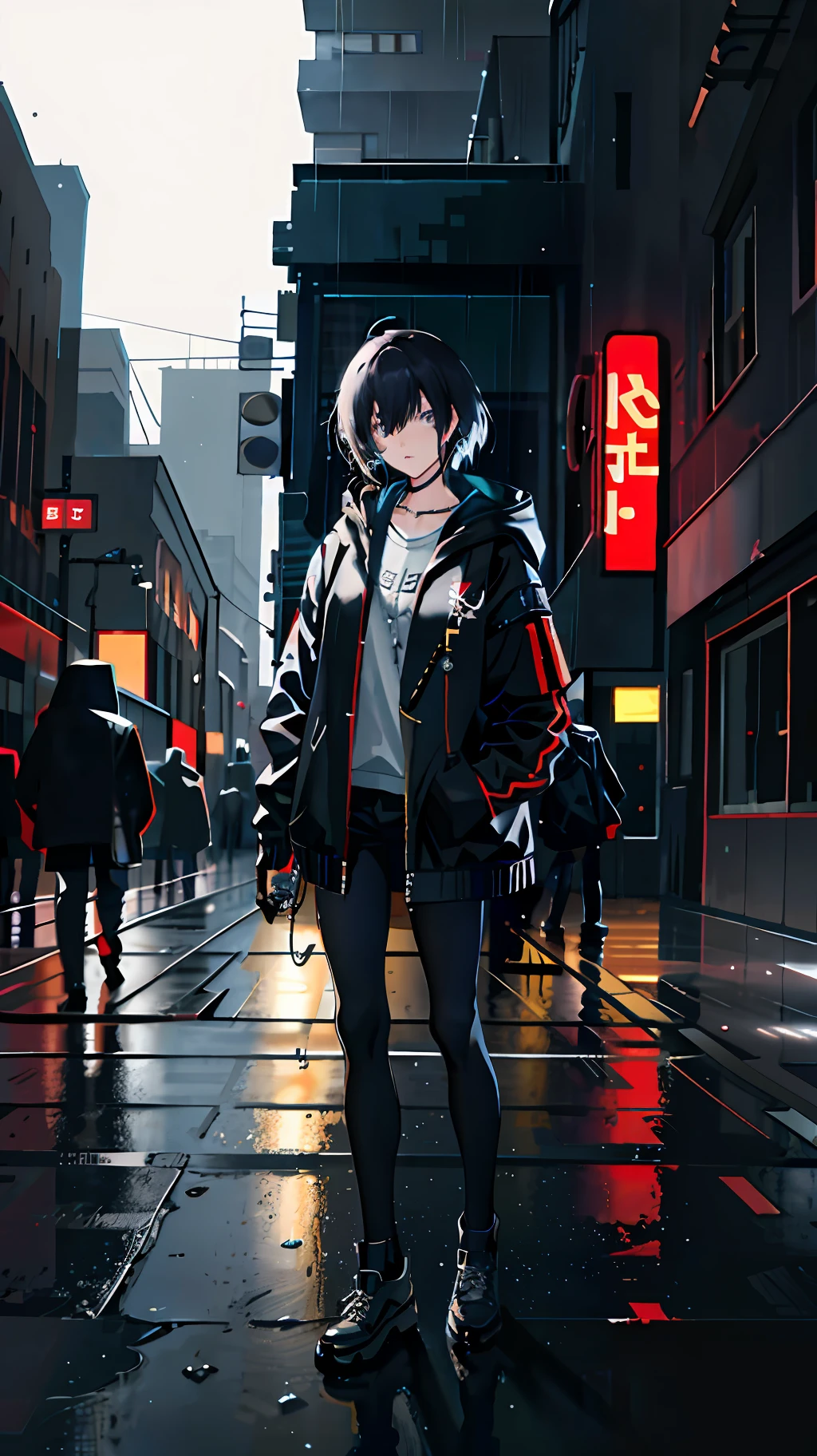 1girl, jacket, rain, outdoor, hoodie, open jacket, chain, backpack, looking at another, messy hair, trending on artstation, 8k resolution, highly detailed, anatomically correct, sharp image, digital painting, concept art, trending on pixiv, style of makoto shinkai,