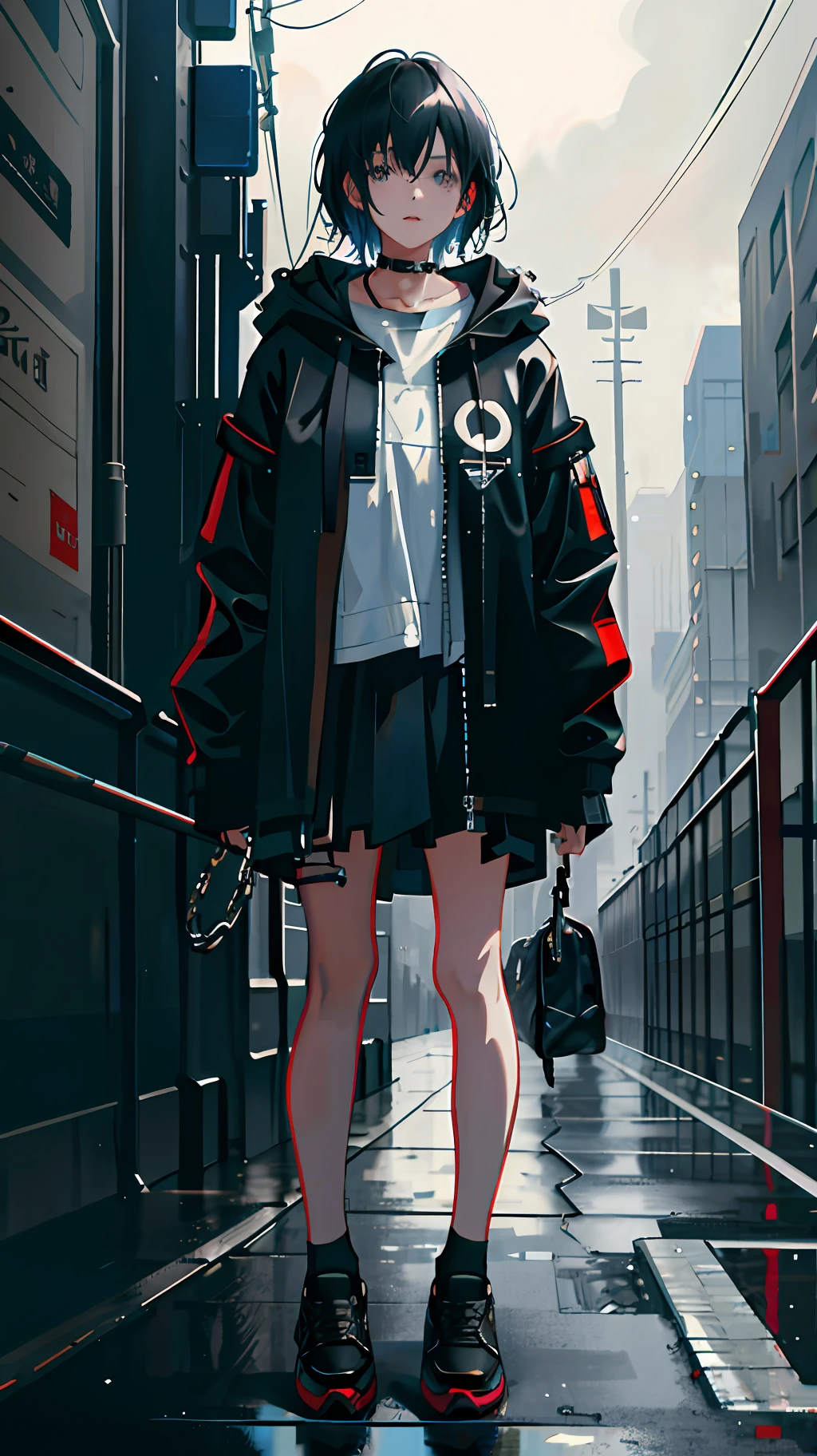 1girl, jacket, rain, outdoor, hoodie, open jacket, chain, backpack, looking at another, messy hair, trending on artstation, 8k resolution, highly detailed, anatomically correct, sharp image, digital painting, concept art, trending on pixiv, style of makoto shinkai,