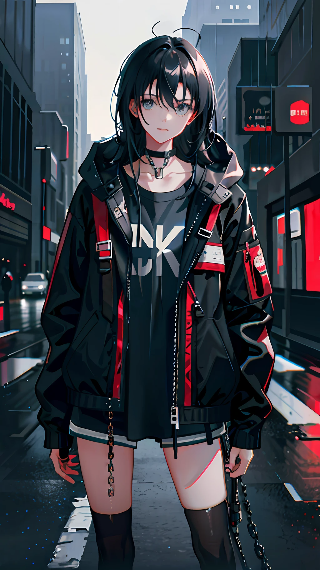 1girl, jacket, rain, outdoor, hoodie, open jacket, chain, backpack, looking at another, messy hair, trending on artstation, 8k resolution, highly detailed, anatomically correct, sharp image, digital painting, concept art, trending on pixiv, style of makoto shinkai,
