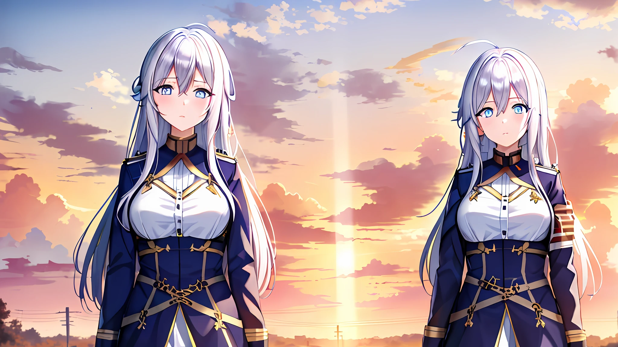 (masterpiece, best quality:1.2),
1girl,Vladilena,lenaface, batik dress, blue eyes, breasts, sky, looking at viewer, white hair,outdoors, military, cloud, medium breasts, antenna hair, hair between eyes, closed mouth, looking at viewer, portrait, ahoge, expressionless, bangs, white hair,
golden hour, glowing sky, warm sunrays, amber hues, serene atmosphere, railroad tracks stretching into the distance, vanishing point, aged wooden ties, rusted metal rails, gentle breeze, rhythmic clacking of a distant train, silhouettes of trees, tall grasses swaying, nostalgic ambiance, quiet contemplation, connection between past and present, timeless beauty,