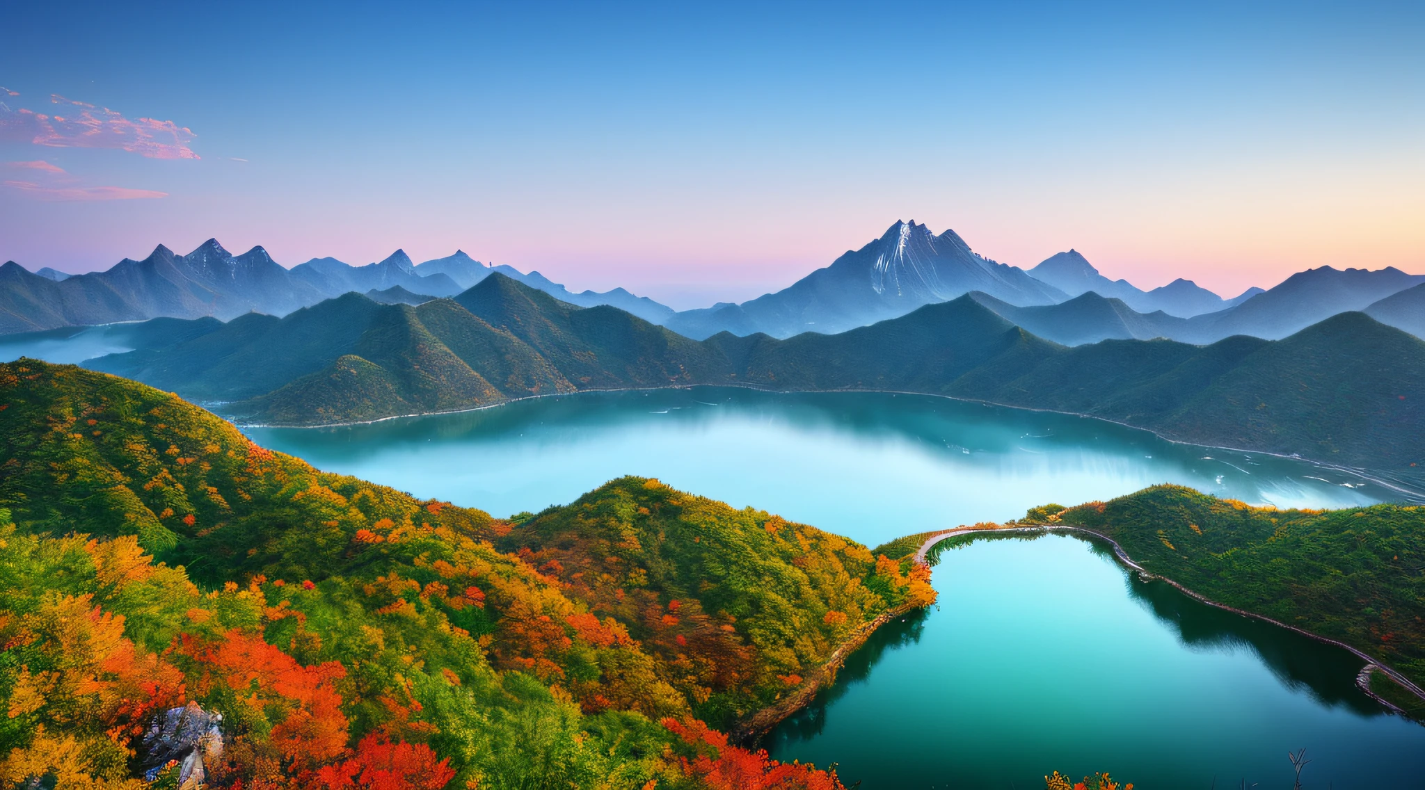 A beautiful Korean mountain and lake, (masterpiece), (portrait), (raw photo), (highly detailed CG unity 8k wallpaper) intricate, sharp focus, dramatic, realistic art