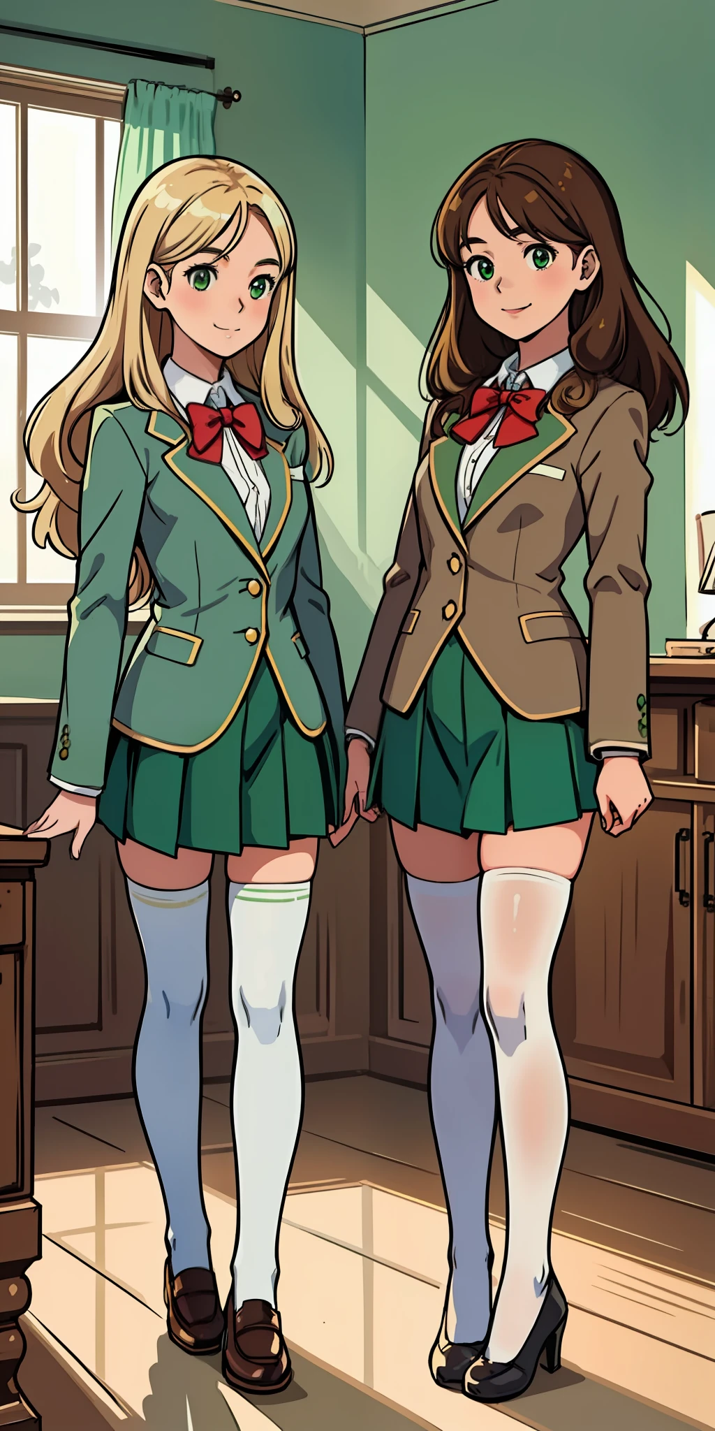 perfect anime illustration, age girls, medium breasts, 2girls, (1 blonde girl, 1 brown haired girl), twin sisters, rich girls, sexy schoolgirls, brown hair, blonde hair, curly hair, long hair, different hair colors, hazel eyes, smiling, white skin, (school uniform, green blazer, closed blazer, red bowtie, green skirt, white thigh high socks, green high heels), matching outfits, highres, bedroom, full body