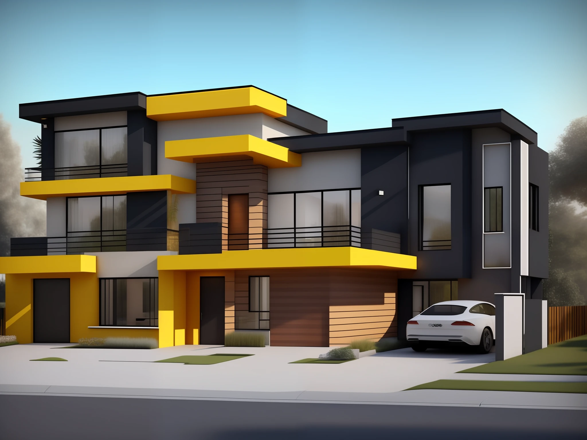 NewArchitecture, commercial building, second floor a modern house with windows to the landscape complete building, mix of wood and concrete and black and yellow colors, parking for 4 cars in front, on the ground floor area make a modern façade for a liquor store on a parallel street along with commercial gates for access to the store rendering it realistic and in 3D Vray 32k