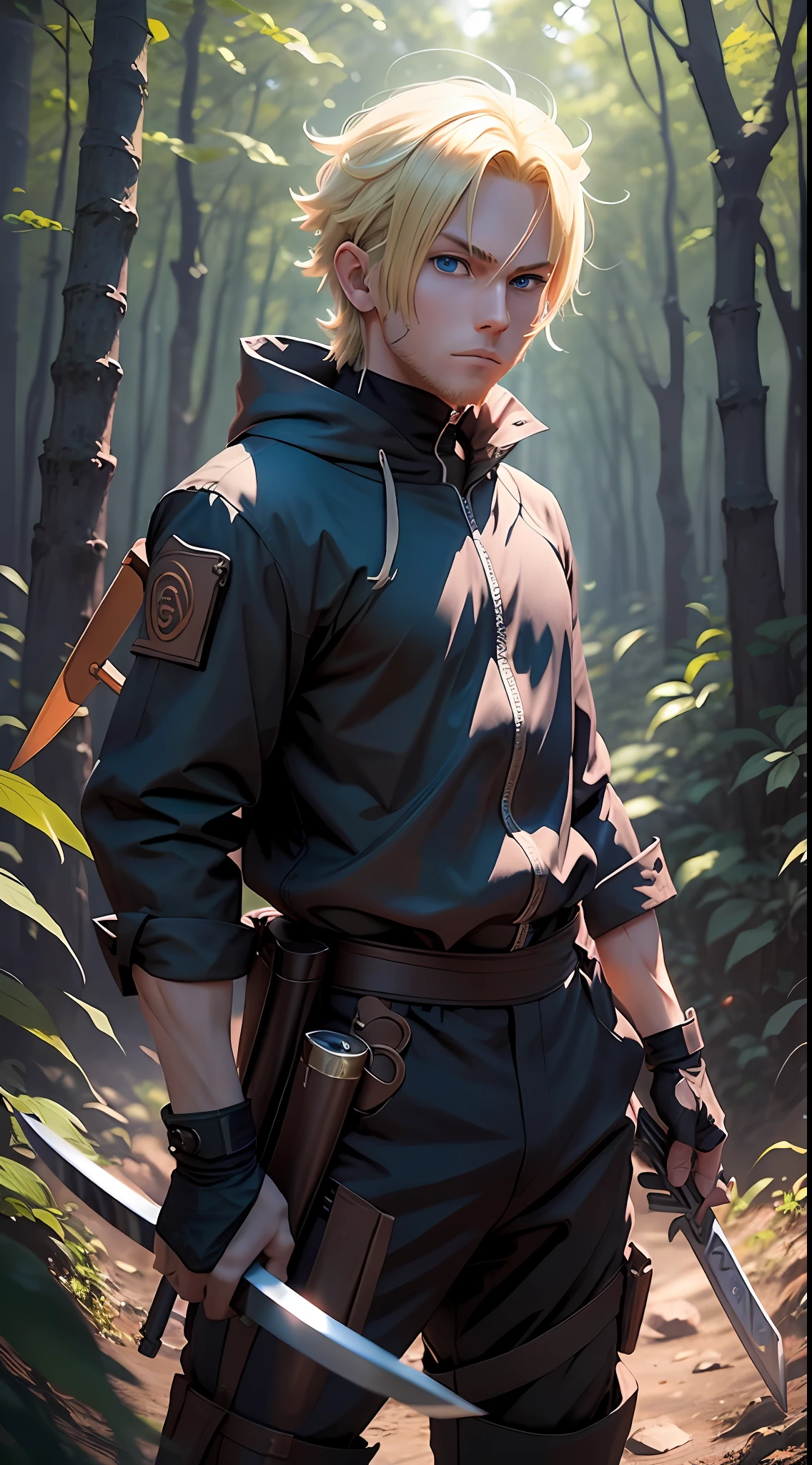 full-body, a blond anime boy with whiskers and blue eyes, wearing a ninja outfit and holding weapons, in a forest setting, 4k