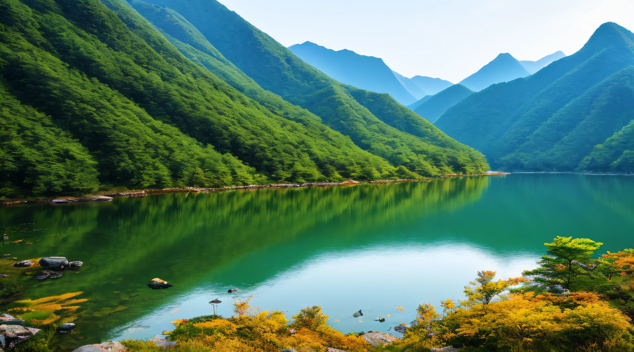 A beautiful Korean mountain and lake, (masterpiece), (portrait), (raw photo), (highly detailed CG unity 8k wallpaper) intricate, sharp focus, dramatic, realistic art