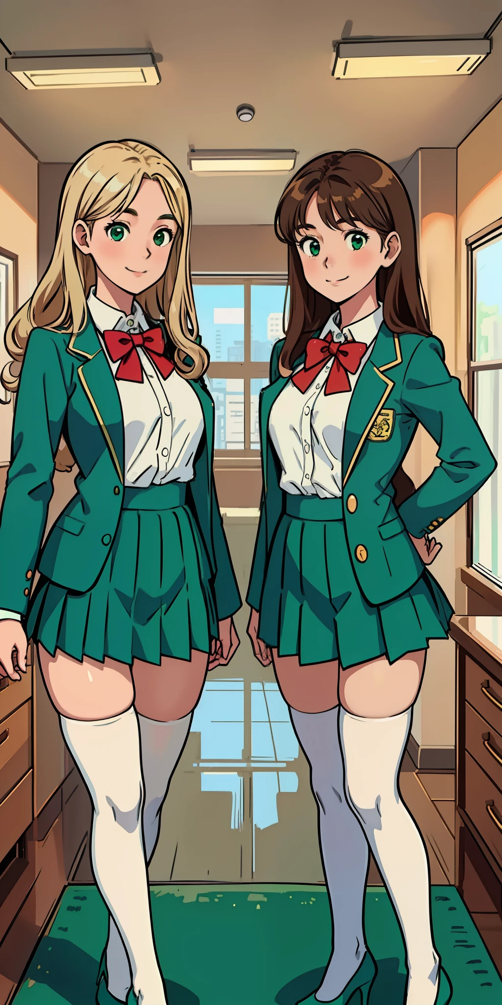 perfect anime illustration, teenage girls, medium breasts, 2girls, (1 blonde girl, 1 brown haired girl), twin sisters, rich girls, sexy schoolgirls, brown hair, blonde hair, curly hair, long hair, different hair colors, hazel eyes, smiling, white skin, (school uniform, green blazer, closed blazer, red bowtie, green skirt, white thigh high socks, green high heels), matching outfits, highres, bedroom, full body