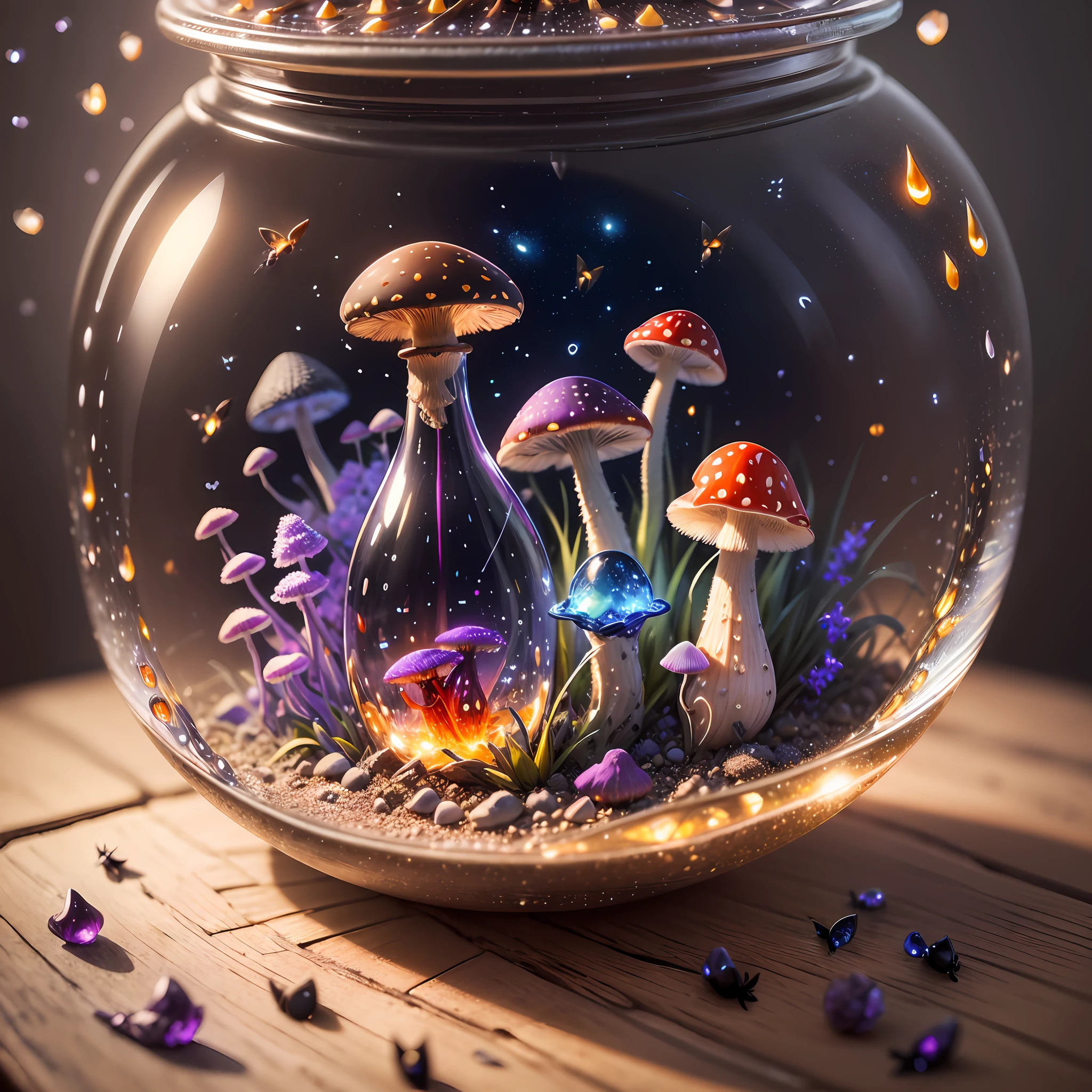 Computer, Extensive landscape ultra photography (general view, which shows a glass glass, a glass bottle, inside the bottle the skeleton of a snake, fly agaric mushrooms), (detailed description of the bottle, mushrooms), glass, (detailed description of the skeleton), inside the glass poison (ultra-detailed burning poison), waves (detailed), butterflies (detailed), night, starry sky, moon, meteors (detailed), sea (detailed), reflection of the moon on the water surface, reflection full of shooting stars in wine, a drop of wine, moths (1:3), fireflies (1:3), (ultra-detailed description of appearance), burning beacon (crystals: 1,2), BREAK production art, (cold light source:1.2), (Firefly:1.2), lilac, purple, fire particles, colors, complex details, volumetric lighting, realistic fantasy BREAK (masterpiece:1.2), (best quality), 4K, ultra-detailed, (dynamic composition: 1.4), high detailed, colorful details, (gloomy colors: 1.2), (luminous lighting, atmospheric lighting), Dark, Dark, Magical, (Solo: 1.2) --auto --s2