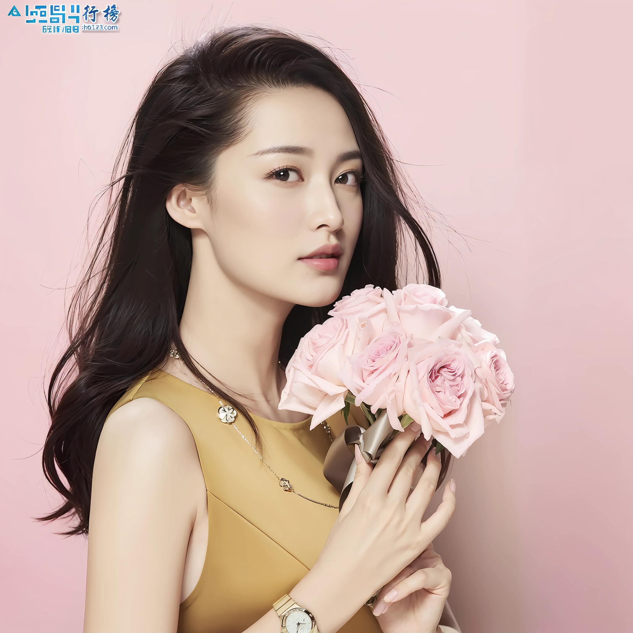 araffe woman holding a bouquet of flowers in front of a pink wall, sha xi, lulu chen, fan bingbing, lu ji, ruan jia beautiful!, yan, jingna zhang, song hye - kyo, beautiful south korean woman, xue han, hwang se - on, female actress from korea, gong li, xintong chen, wu liu