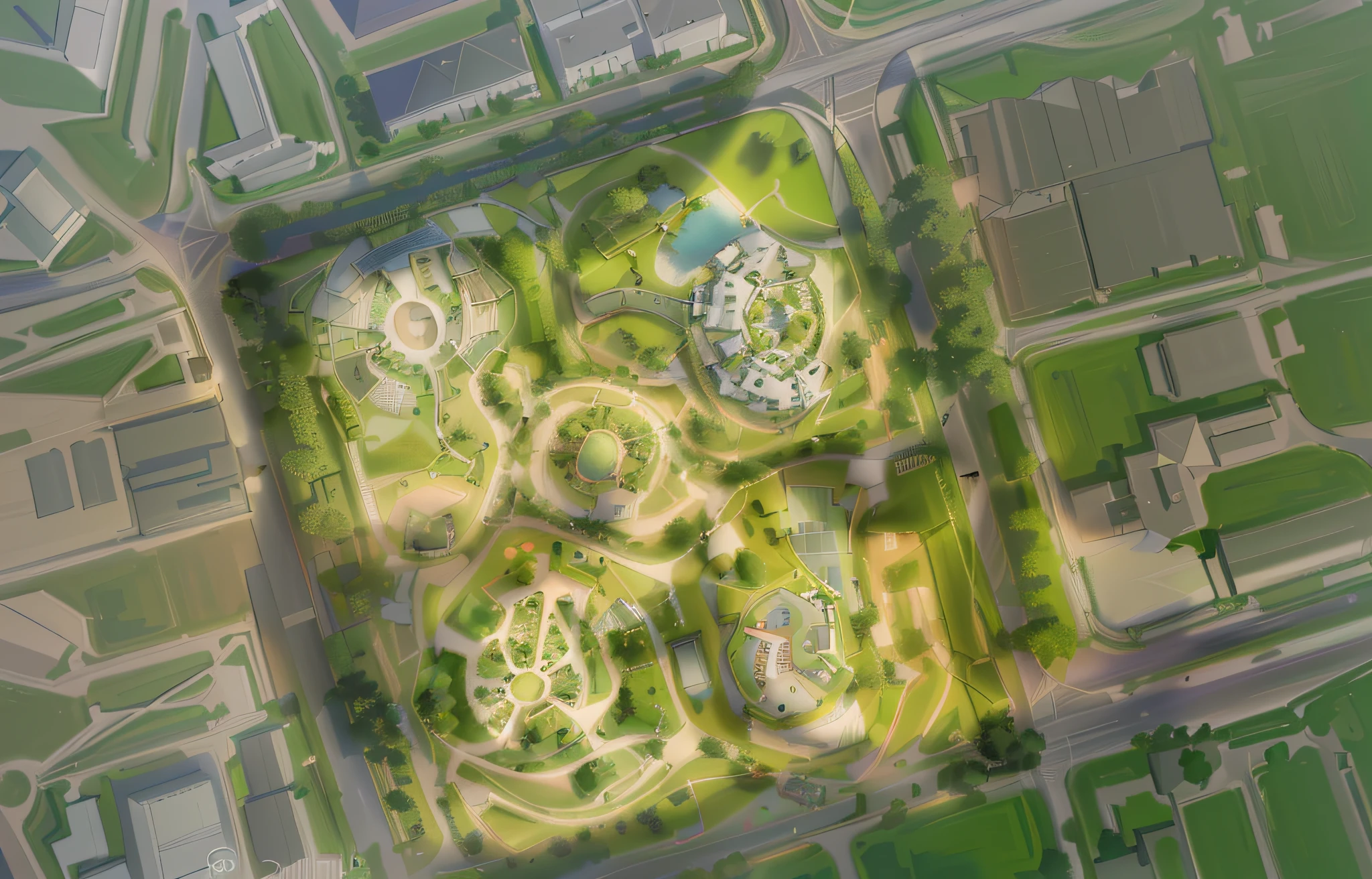 aerial view of a park with a lot of trees and a lot of buildings, aerial illustration, aerial view from above, bird's-eye view, bird's - eye view, aerial view top down, isometric aerial view, aerial, [ overhead view ]!!, top - view, viewed from bird's-eye, above view, view from above, satellite view