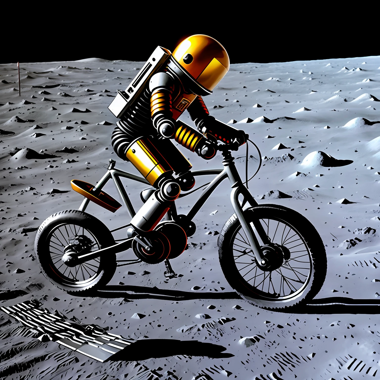 Robot with a helmet riding a bike on the moon
