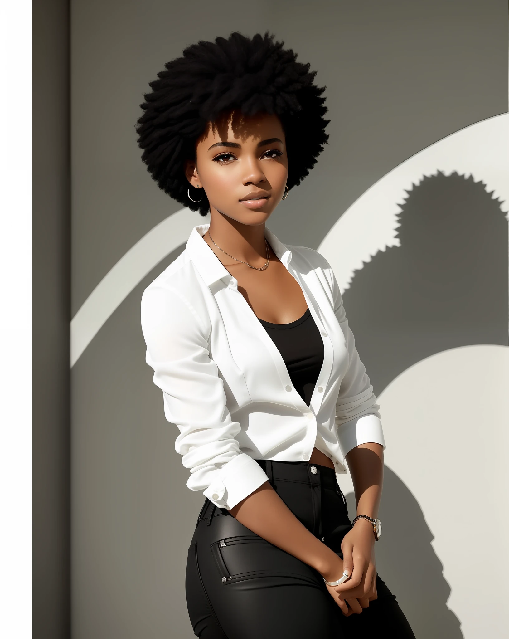 woman with short hair wearing a black shirt and white pants, photo of a black woman, young black woman, crisp details, beauty shot, official product image, african american young woman, black young woman, african american woman, black main color, with afro, short black hair with gel, essence, crisp and sharp, cover shot, advertising photo, catalog photo, promotional portrait