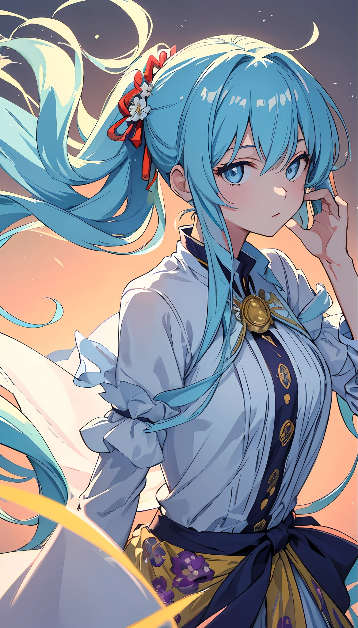 (masterpiece), (best quality), (ultra detailed),(disheveled hair),(illustration), (1girl), (Fashionable clothing), standing, Fashion model, looking at viewer, (interview), (simple background),beautiful detailed eyes, delicate beautiful face, Floating,(high saturation),(colorful splashes),colorful bubble,(shining), focus on face,  ponytail, kamisato ayaka, light blue hair, bangs, hair ring, floating flowers, floating hairs, (shining), best lighting, best shadow,