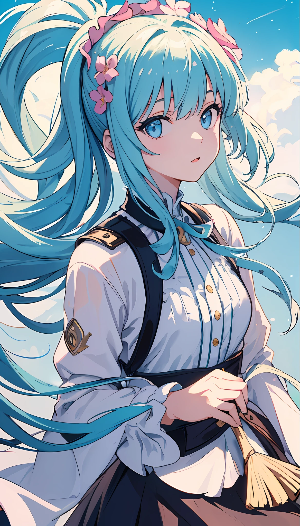 (masterpiece), (best quality), (ultra detailed),(disheveled hair),(illustration), (1girl), (Fashionable clothing), standing, Fashion model, looking at viewer, (interview), (simple background),beautiful detailed eyes, delicate beautiful face, Floating,(high saturation),(colorful splashes),colorful bubble,(shining), focus on face,  ponytail, kamisato ayaka, light blue hair, bangs, hair ring, floating flowers, floating hairs, (shining), best lighting, best shadow,