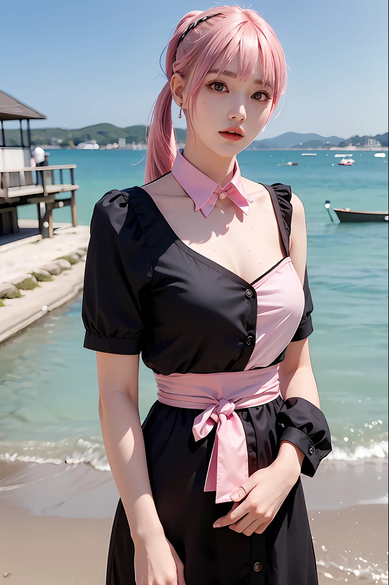 Maid clothes, black shirt with buttons, upper body, flashy hair, (wharf), photorealistic, high resolution, 1 girl, pink hair, ponytail, colorful hair color, korean, heterochromic eyes, beach, outdoors, wharf, short cut hair, blunt bangs, maid clothes, exposure, formal tie