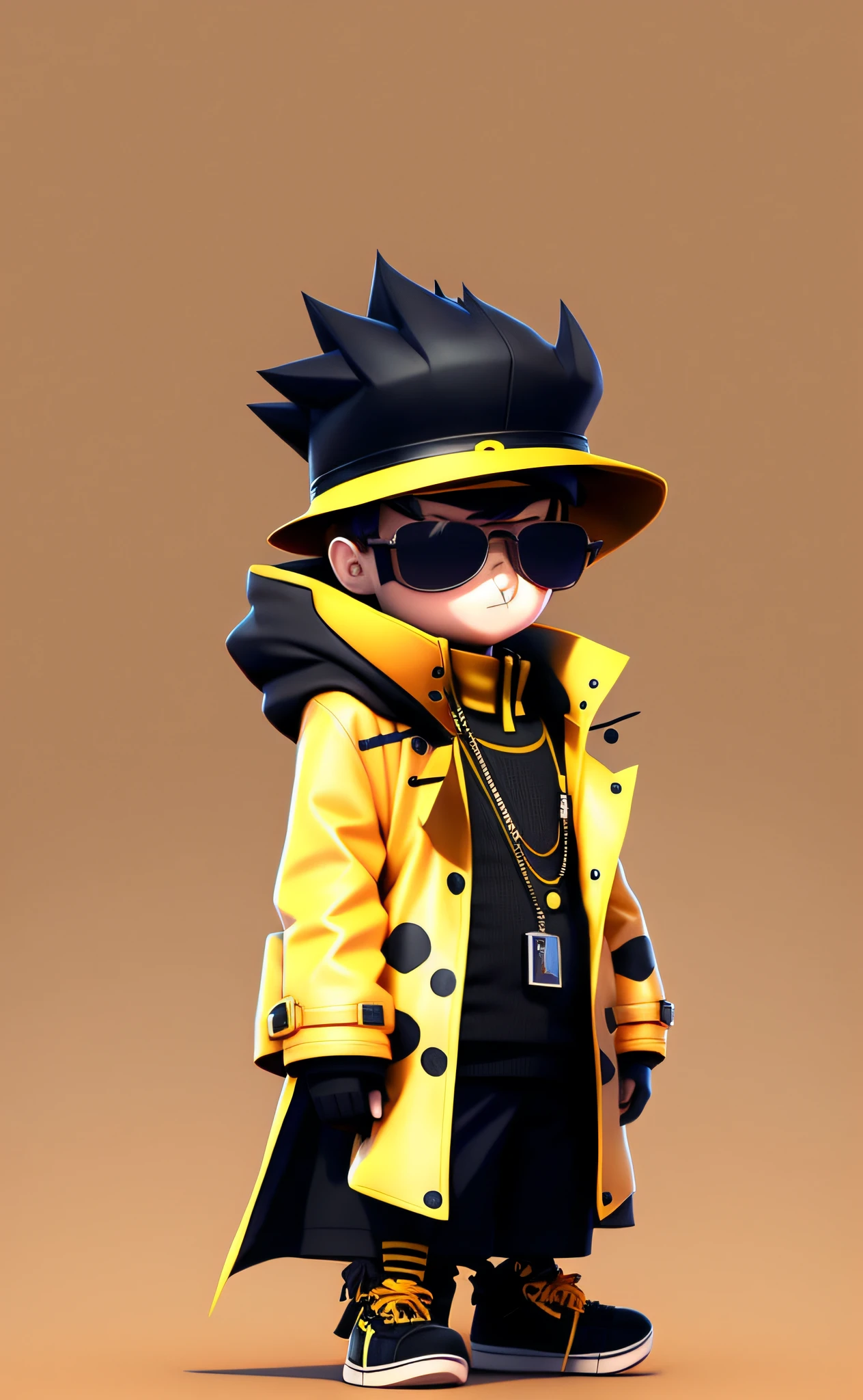 cartoon character of a boy dressed in a yellow coat and black sunglasses, anime styled 3d, high detail iconic character, stylized anime, 3 d character art, stylized digital art, very stylized character design, high quality character design, highly detailed character design, fursona wearing stylish clothes, anime style character, pop japonisme 3 d ultra detailed