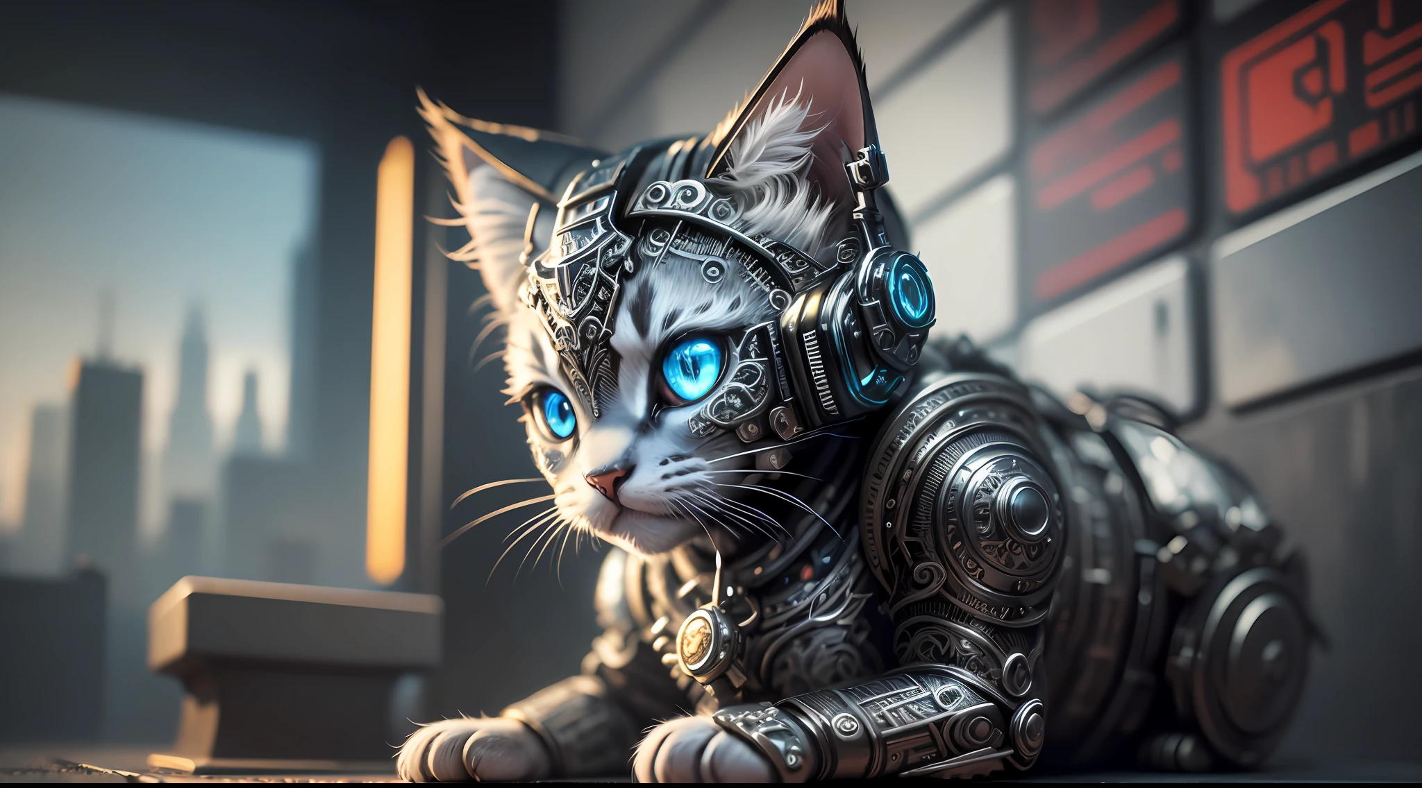 A cute kitten made of metal, robot, cyberpunk style, ((intricate details)), hdr, ((intricate details, super detailed)), cinematic footage, vignette --auto --s2