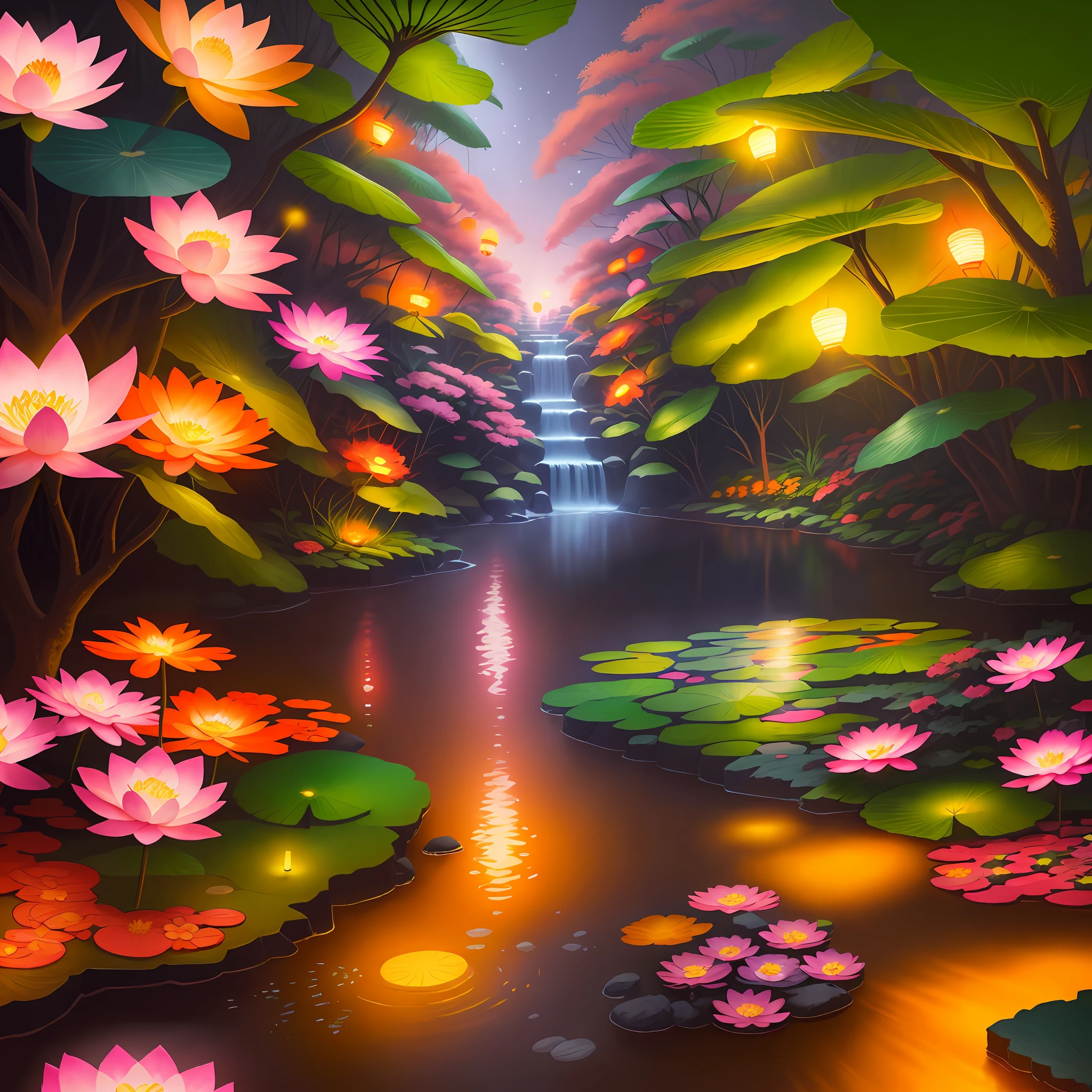 Colorful Japan garden with colorful orange and pink shrubs, lotus flowers, vivid colorful flowers, stones, lanterns, bright doodle color art of midday sun and fireflies with five-storied pagoda in the distance