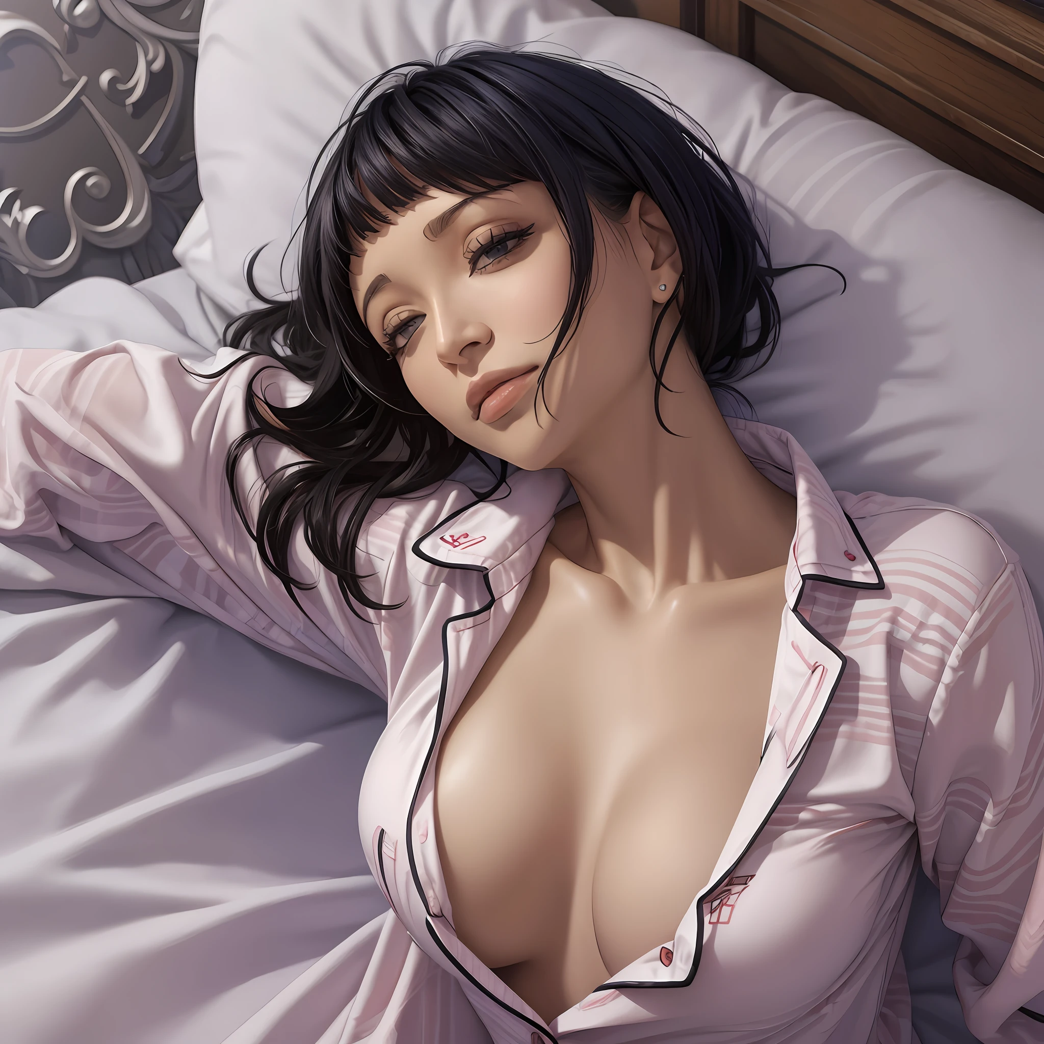 (((Tamara Taylor))), (lying in bed dressed in pajamas), sleeping, collarbone, round , (short straight black hair), realistic, peaceful beautiful face --auto --s2