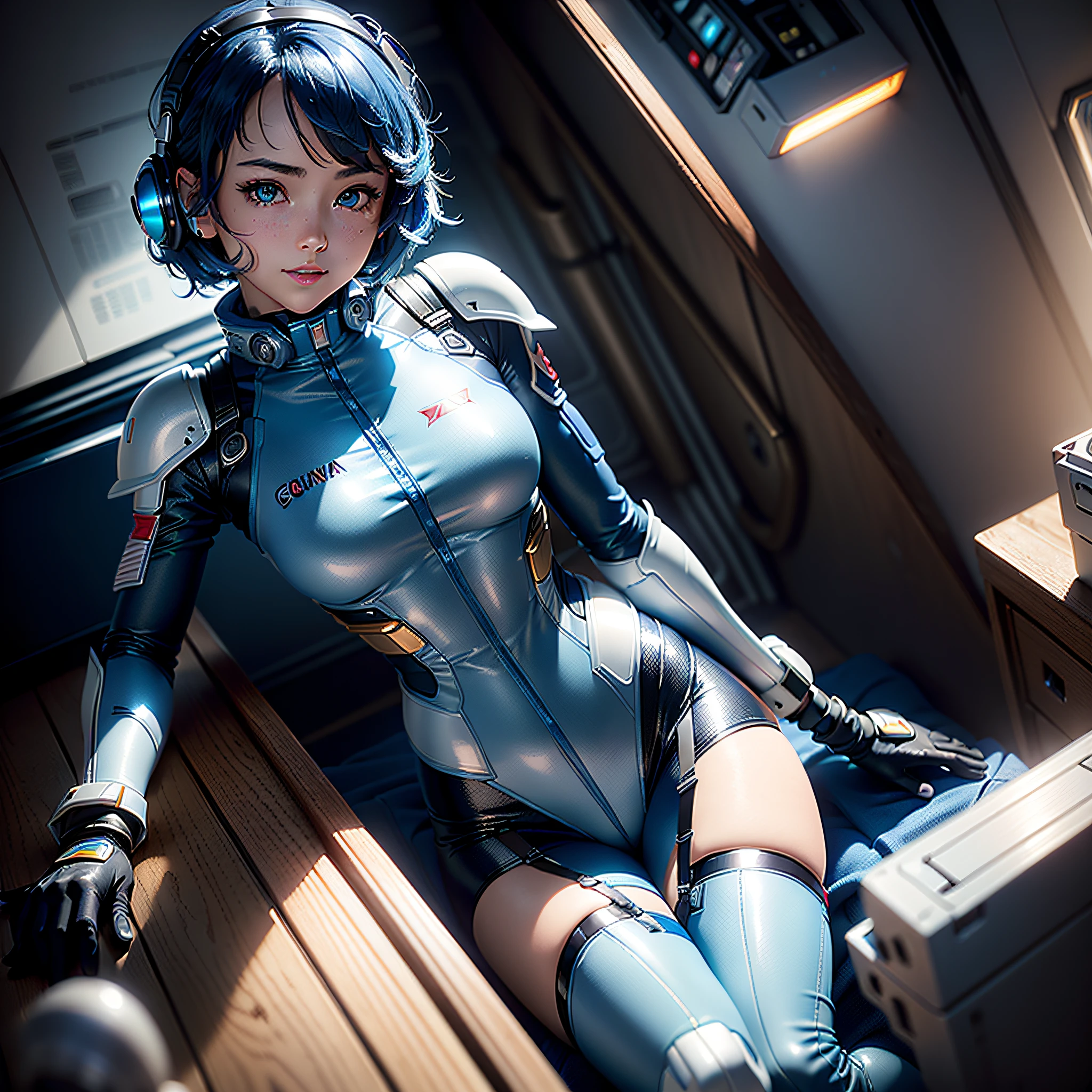 (Masterpiece, Best Quality, Best Resolution, distinct_image, Very Elaborate CG, Cinematic Lighting, Ray Tracing, Drop Shadows, Detailed Detail, (Photorealistic: 1.4), High Quality Textures, Fine-grained, Realistic Face Expression): (Single Girl, Face Japan Person, Blue Haired Girl, Short Cut, Lying, Small Size Breasts, Detailed Gundam cockpit with sparkly blue colored eyes, eye-level shots, metallic white and blue colored flight suits, tight-fitting clothes, full-body covering clothes, light smile, beauty, slim body, exoskeleton, heroine, headset, knee boots, gloves, solo ride)